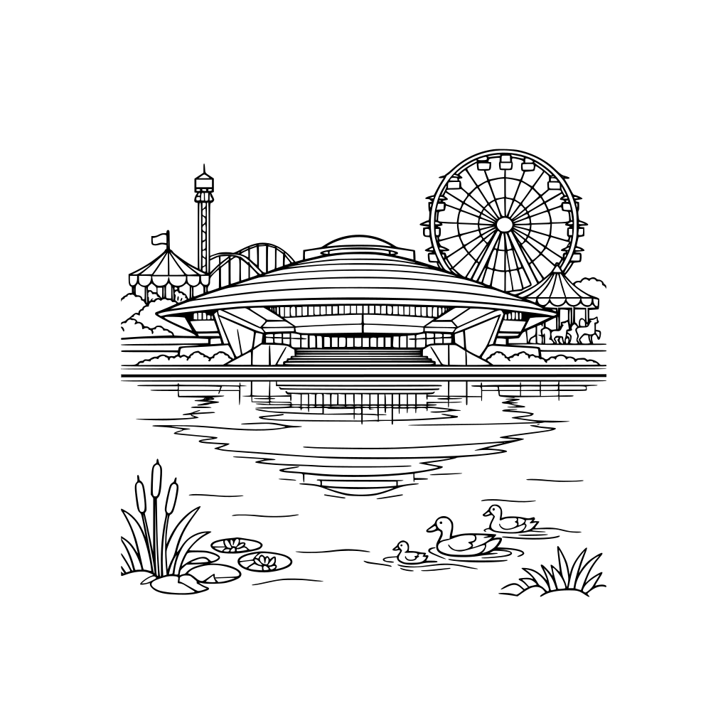 marin county veterans' memorial auditorium, designed by frank lloyd wright, with the lagoon outside and the fairgrounds (add ferris wheel, etc. from fair)