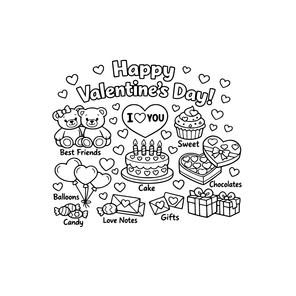Un texto de happy valentine's day mas palabras aluscivas para niños referentes al tema y con dibujos relacionados como globos, pastel, corazones, ositos, pastel, chocolates, regalos entre otros