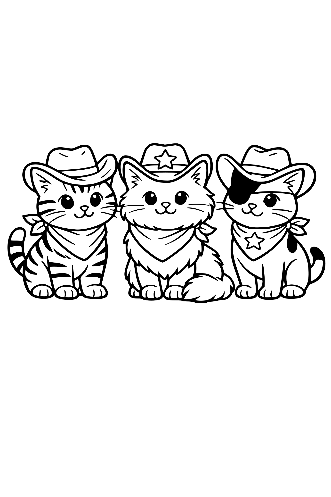 3 cats with cowboy hats and bandanas standing in barn