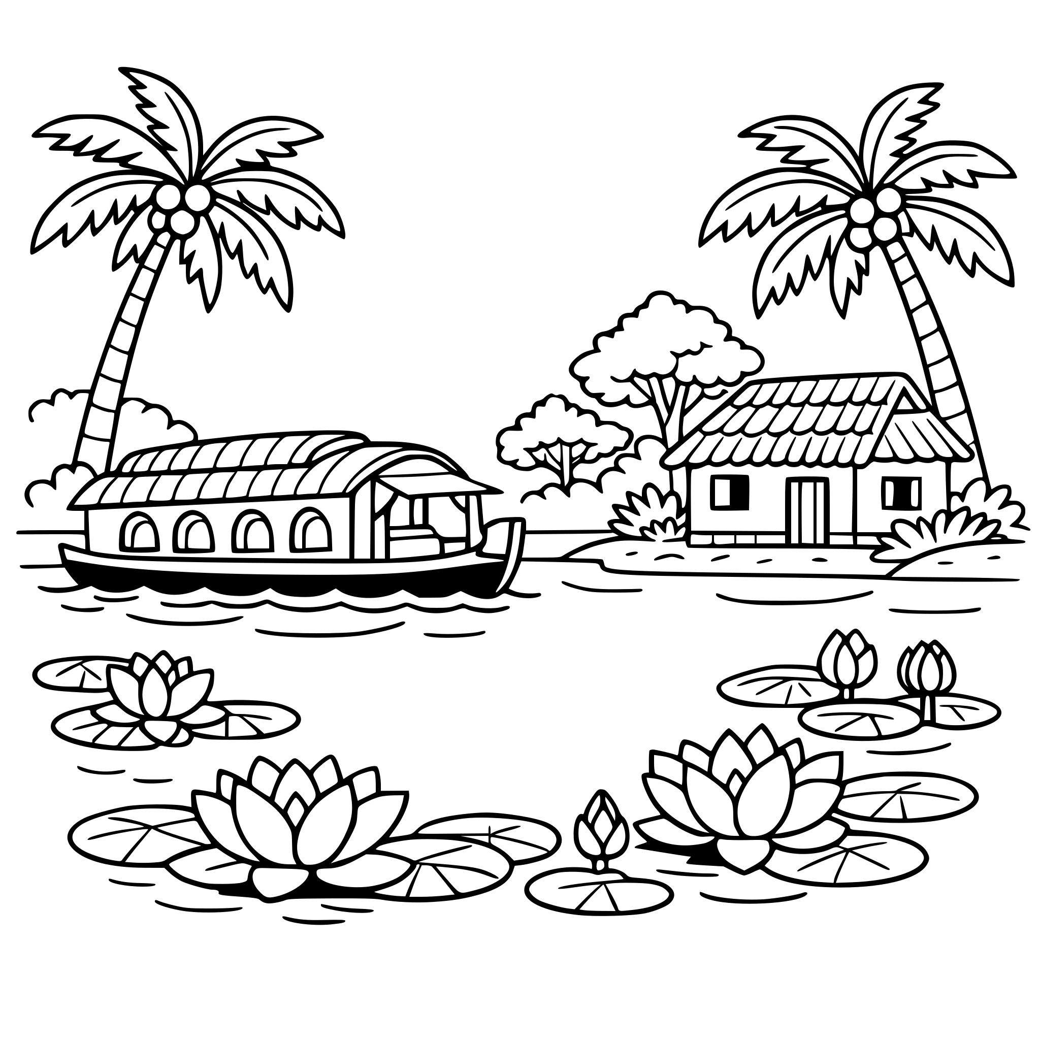 cute cozy simple Kerala Backwater scene with houseboat, coconut trees, small village house, and lotus flowers.