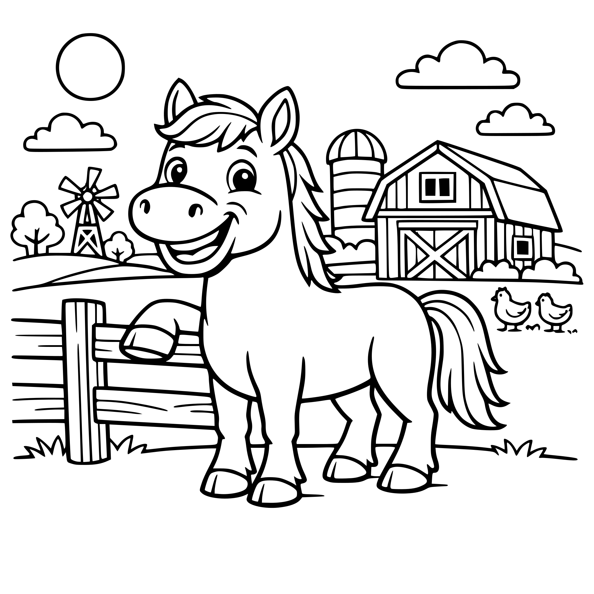 Cute horse smiling and standing near a wooden fence with background of farm