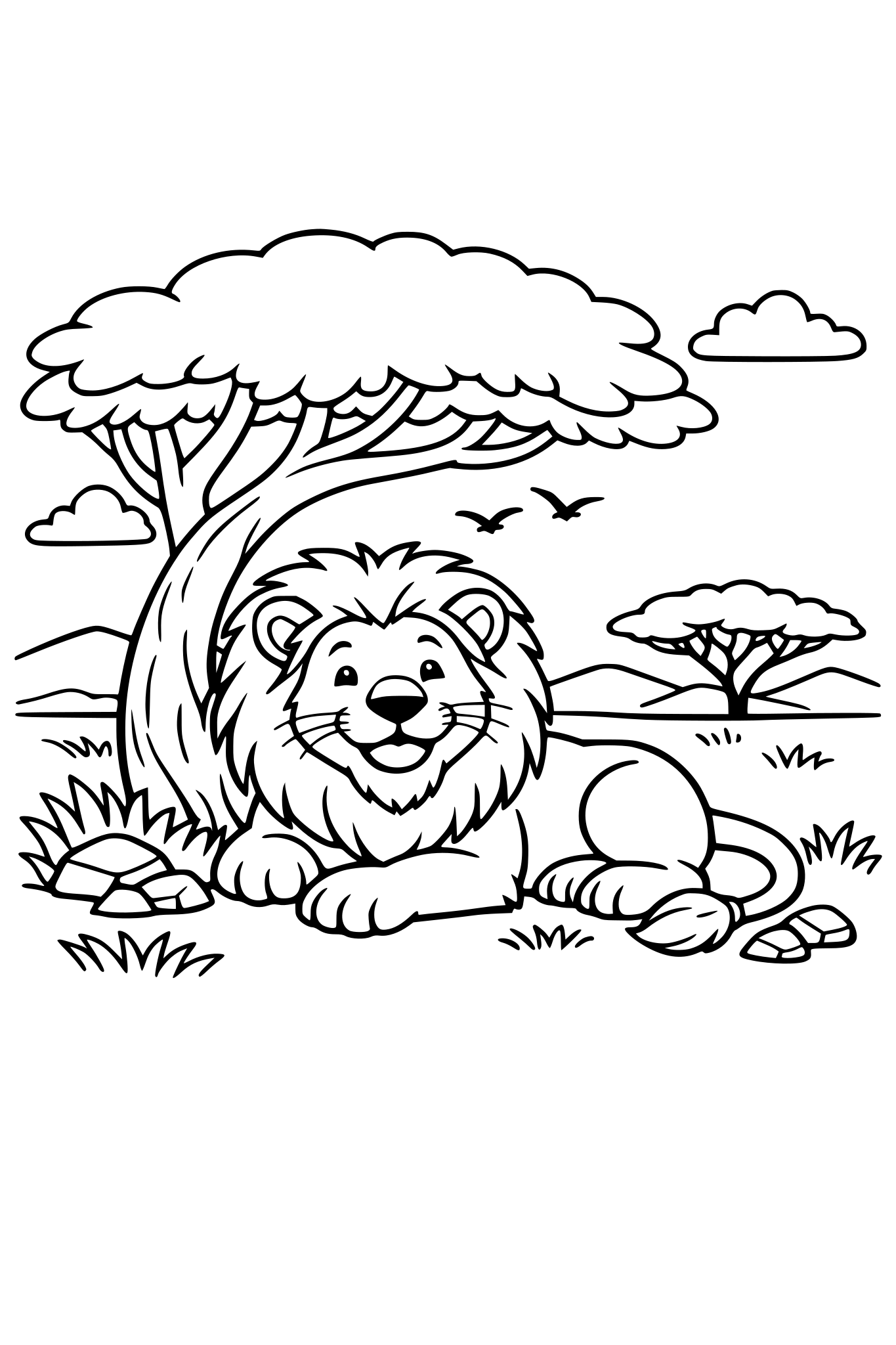 A happy lion resting under a tree in the savanna