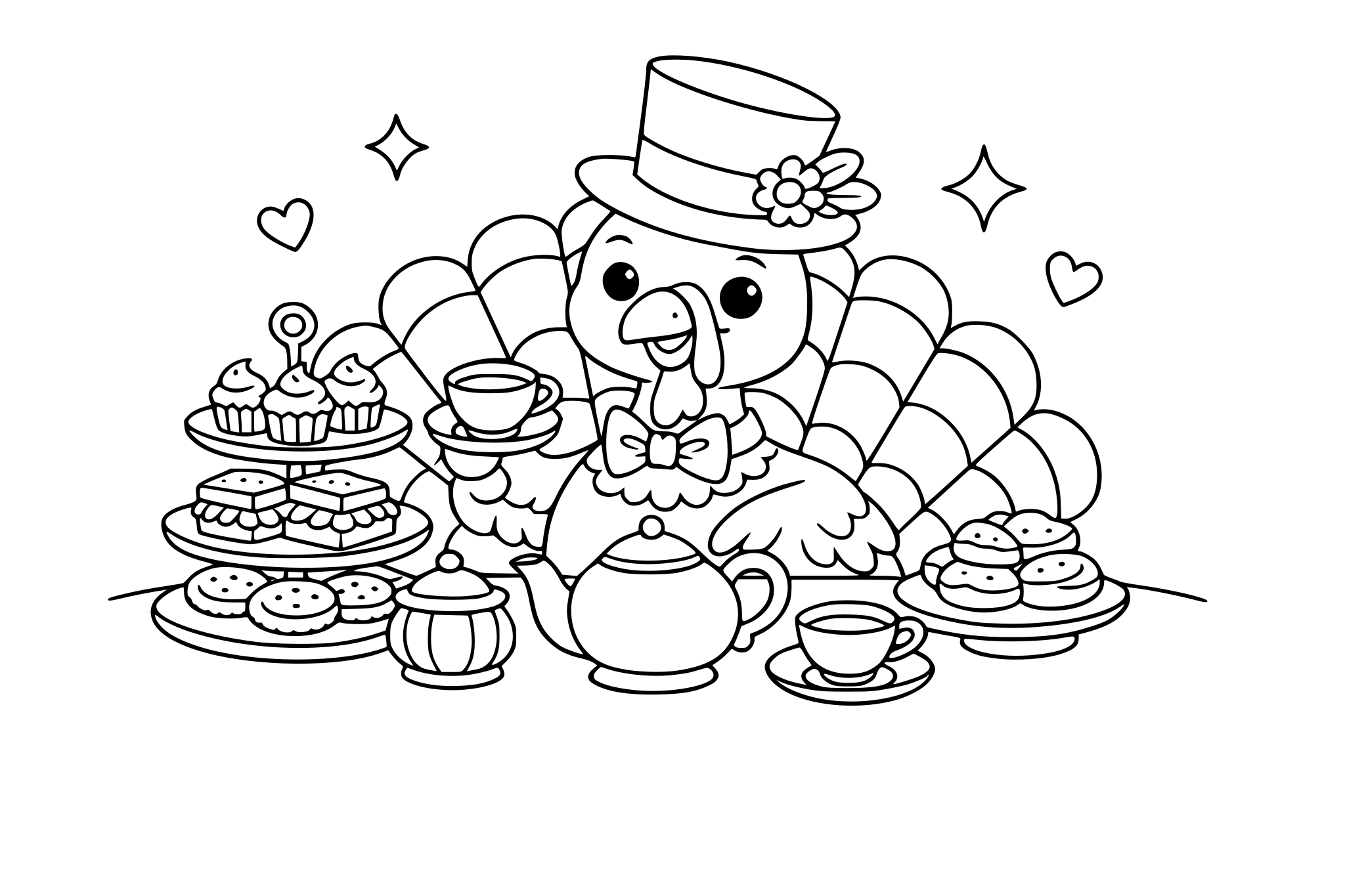 Fancy turkey hosting a tea party. Keep rounded shapes + minimal line weight variation.