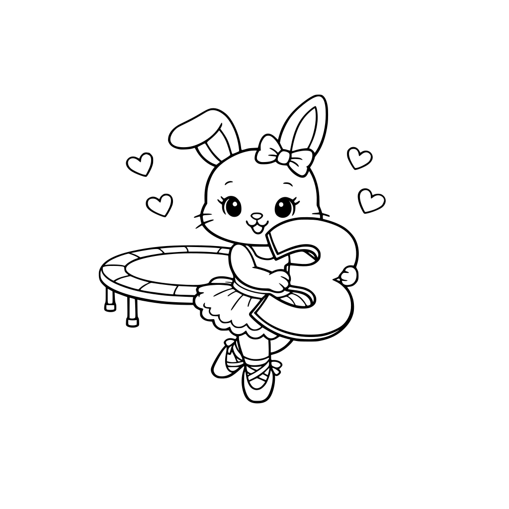 cute Bunny ballerina holding a large sign shaped like number 3, cute trampoline behind, simple hearts,