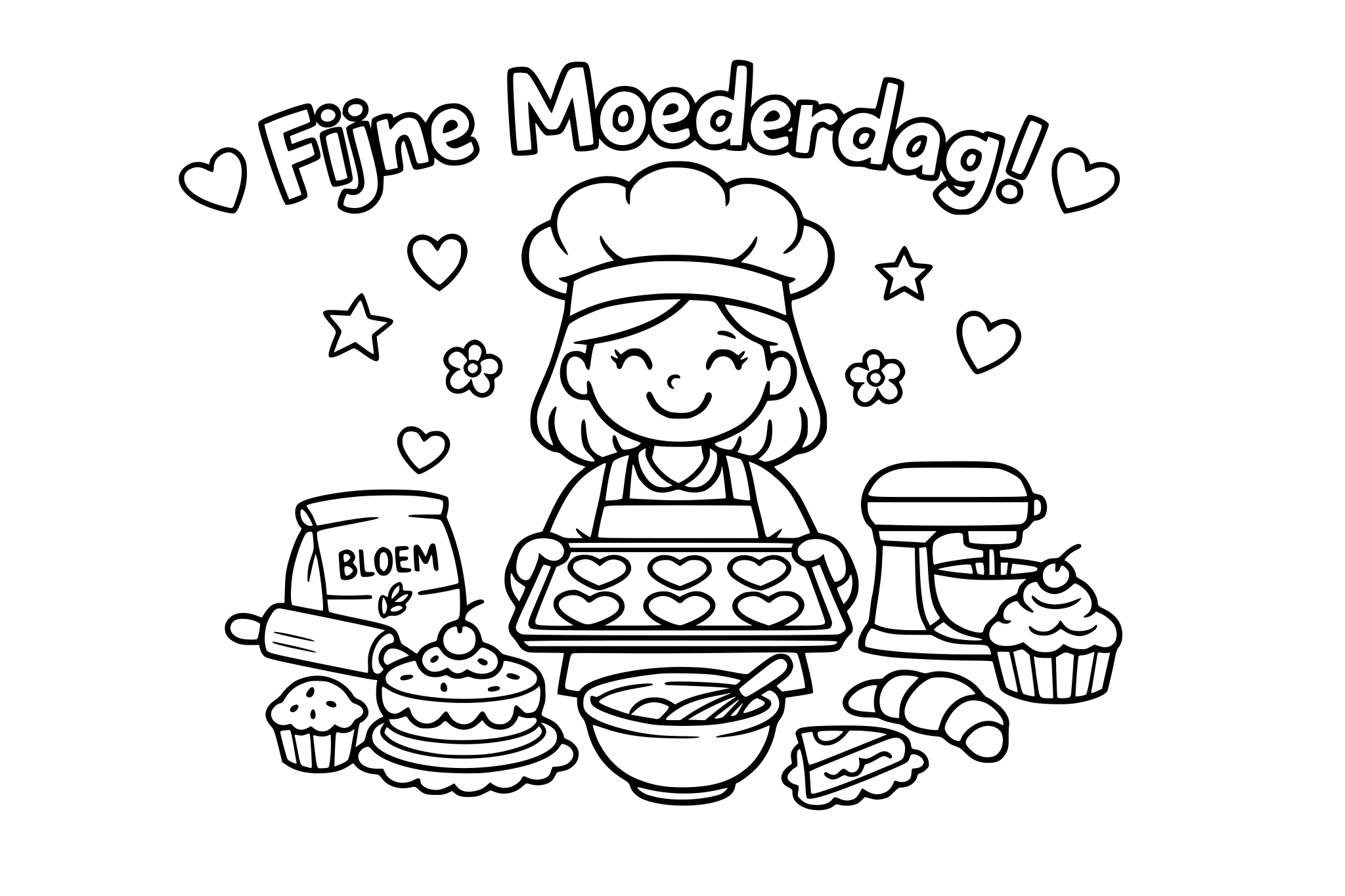 Een moederdag kleurplaat met het thema bakker