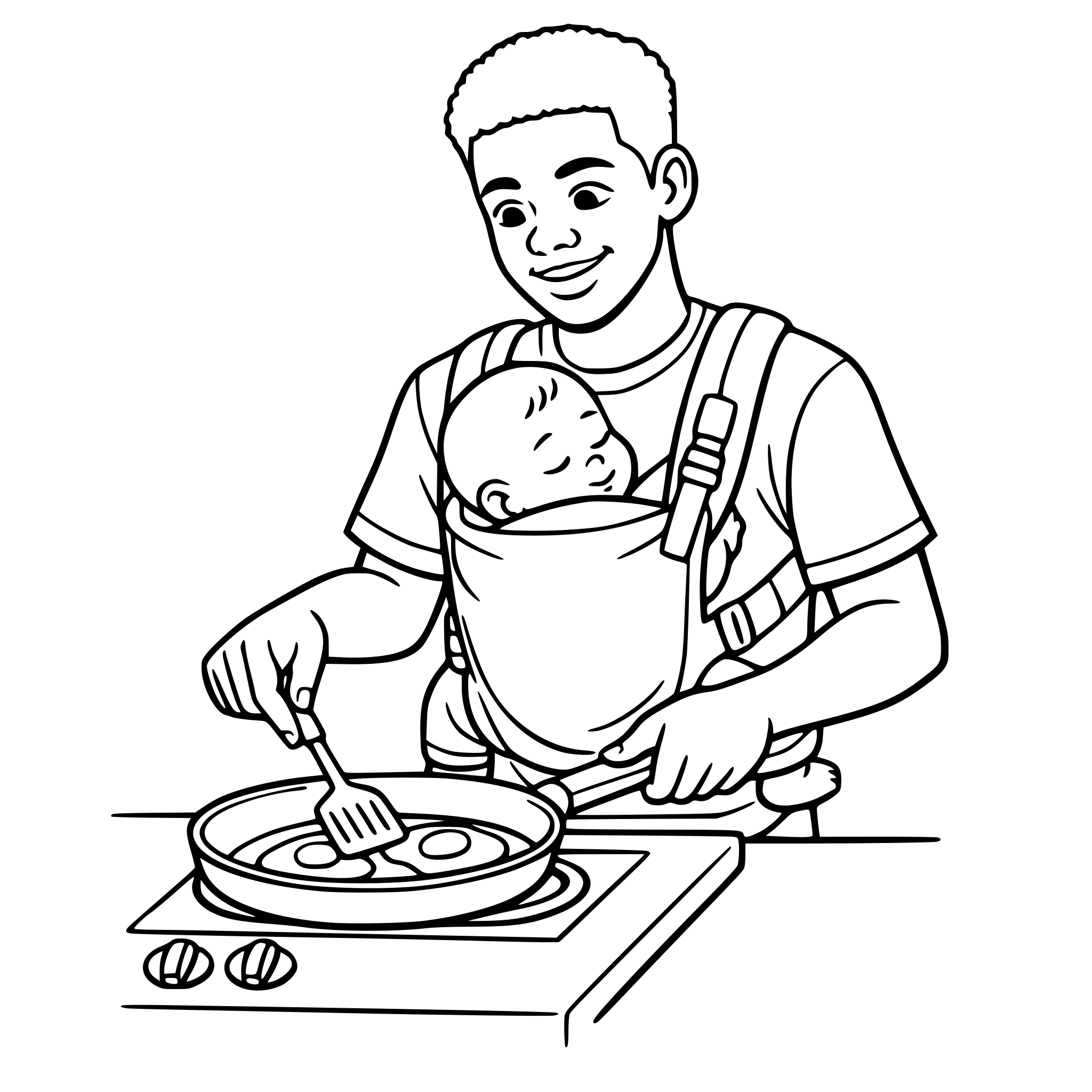 Create an image of a teenage african american dad cooking eggs in a pan on the stove in the kitchen. White background, isolated.