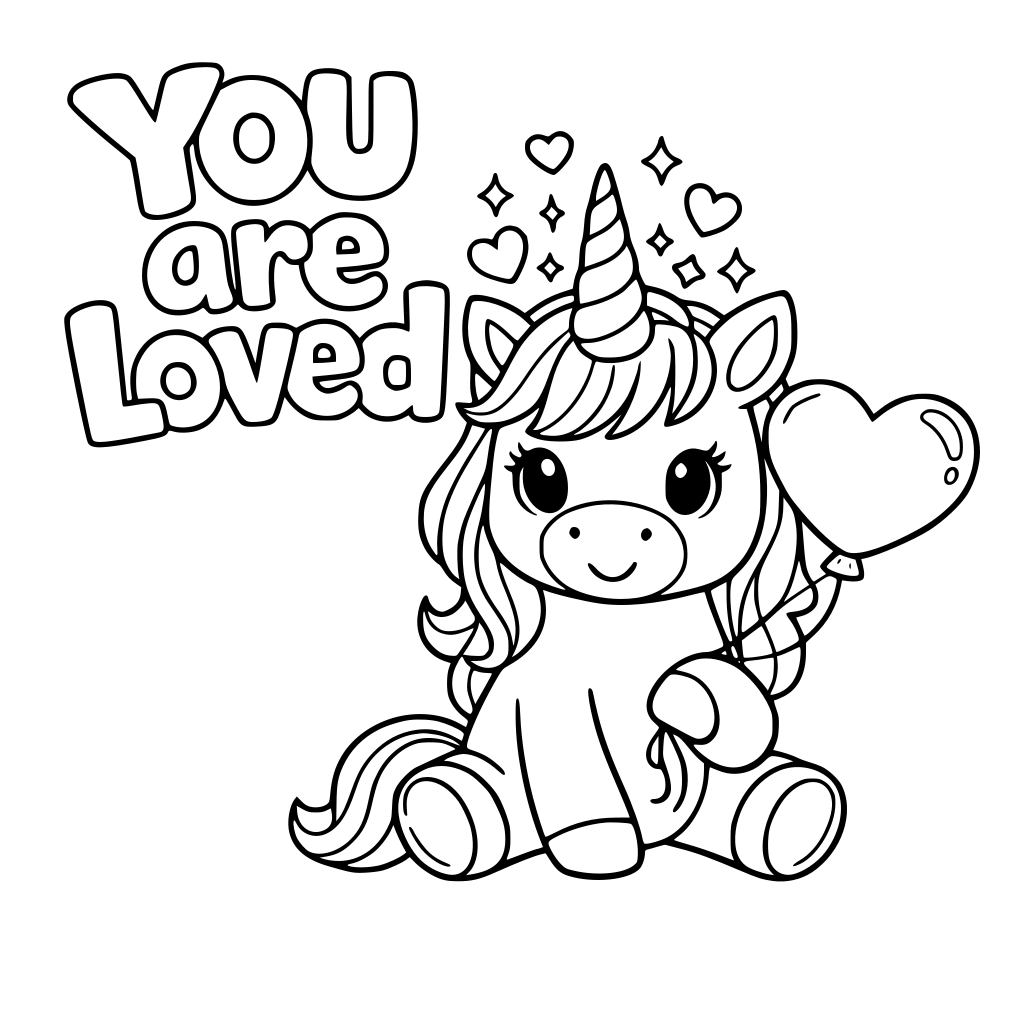 A unicorn holding one heart-shaped balloon. Big text: You are loved. sparkles and hearts around the horn. Make the you are loved bubble letters so that kids can color it in.