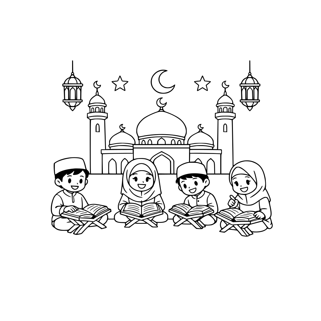 masjid dan anak anak sedang mengaji