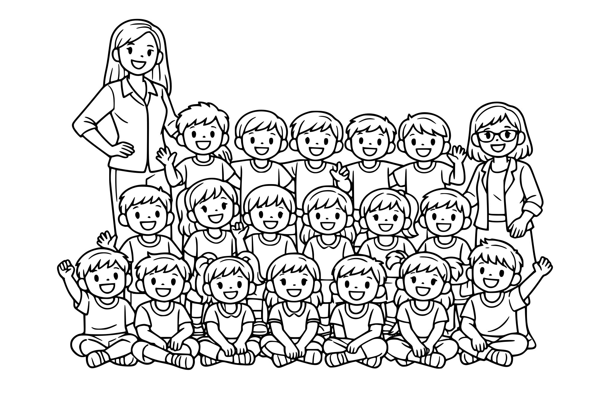 Haz una imagen de un salon de clases con 15 niños varones y 7 niñas mujeres y 2 maestras, una maestra es alta y la otra mas bajita y con lentes, haz a los niños felices