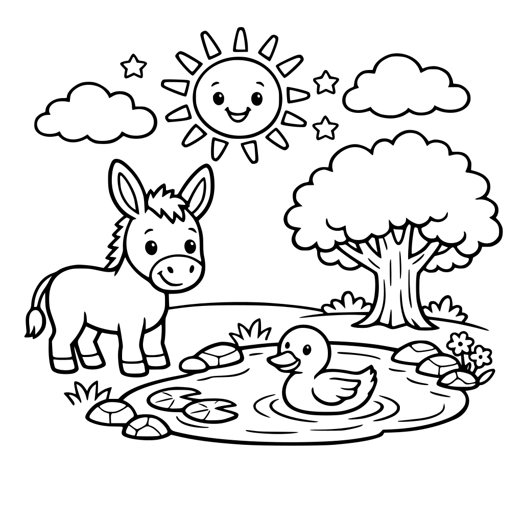 Sunny, donkey, water, tree and duck
