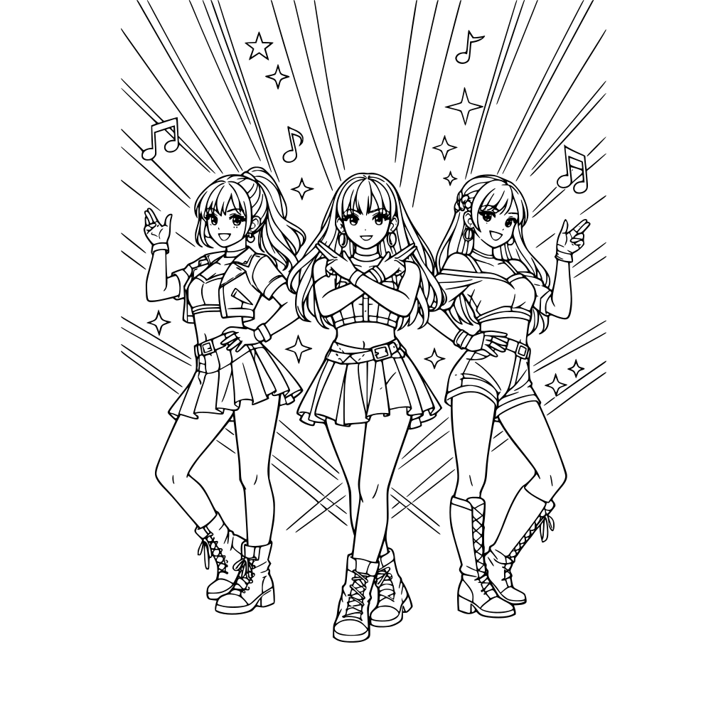 Portrait oriented coloring book page that is black and white with 3 k-pop singers performing synchronized dance move's. They are young female pop stars. Background has light beams, lasers, stars, and music notes. Fill the whole page with great detail. Anime cartoon style.