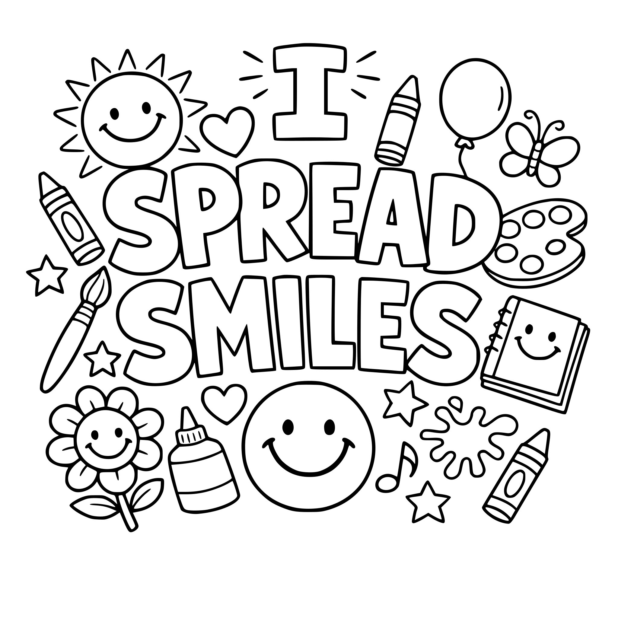 "I spread smiles" coloring letters with items around the letters that work with the lettering.