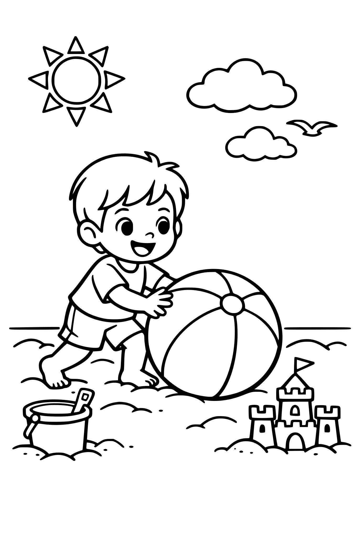 child playing with a beach ball on the sand