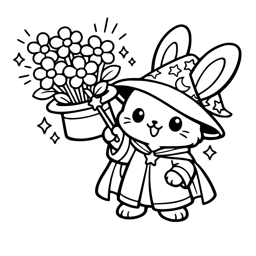 cartoon and kawaii style of bunny in magic robe point its hat with a wand and a bouquet of flowers pop out — rounded petals, cartoon stems.