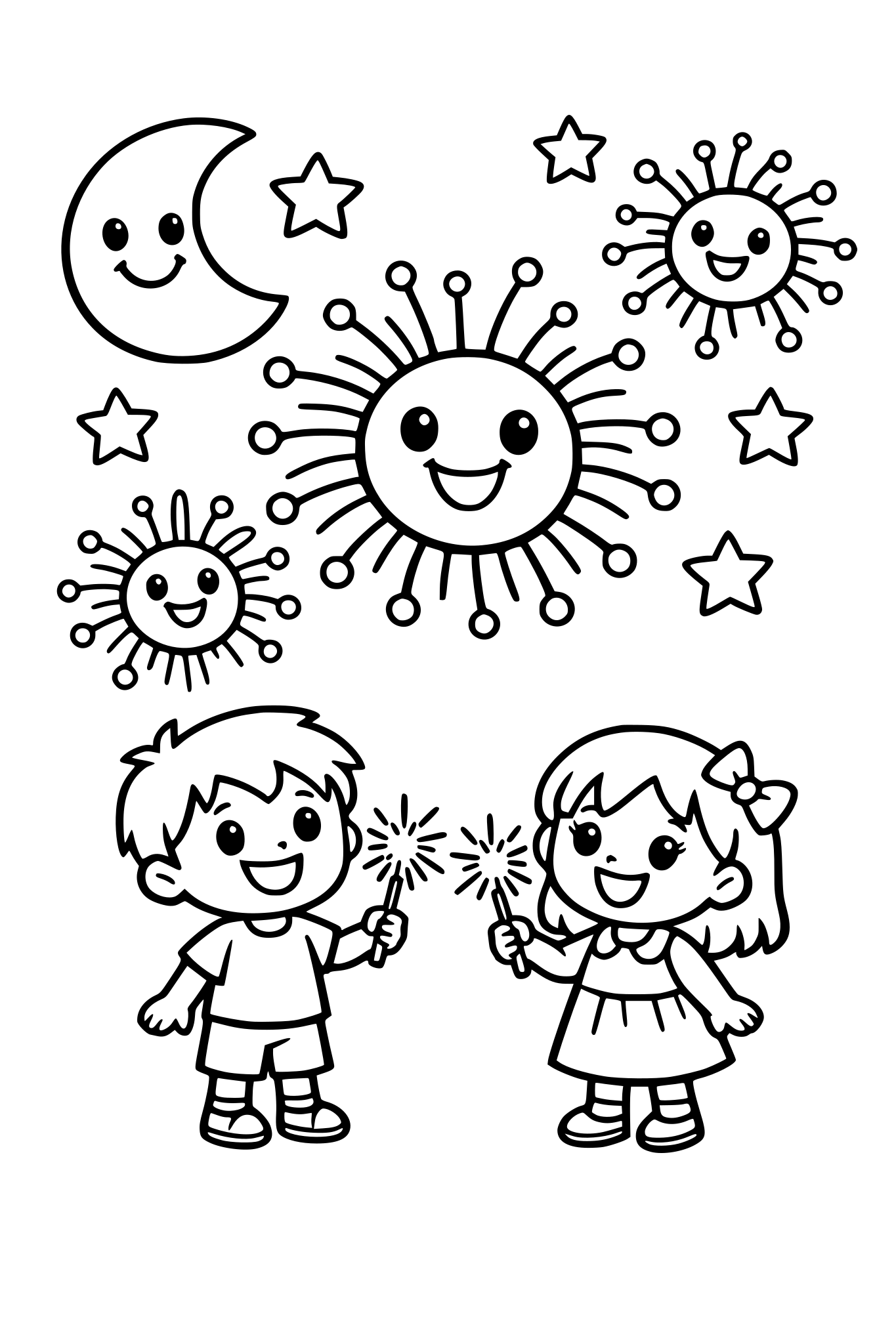 cute kids coloring page, happy fireworks with smiling faces in the sky, kids holding sparks boy and girl, happy face, stars and a smiling moon, simple shapes, thick outlines, easy coloring, white background