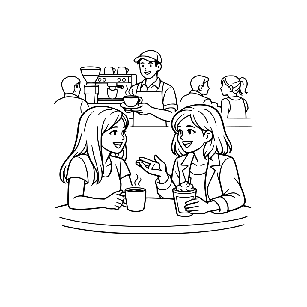 Cafe scene with barista , coffee ,people in background with main 2 girls talking with coffee on table