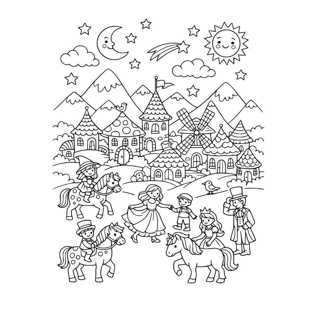 whimsical town with whimsical buildings, whimsical people, whimsical horses, whimsical sky, whimsical mountains