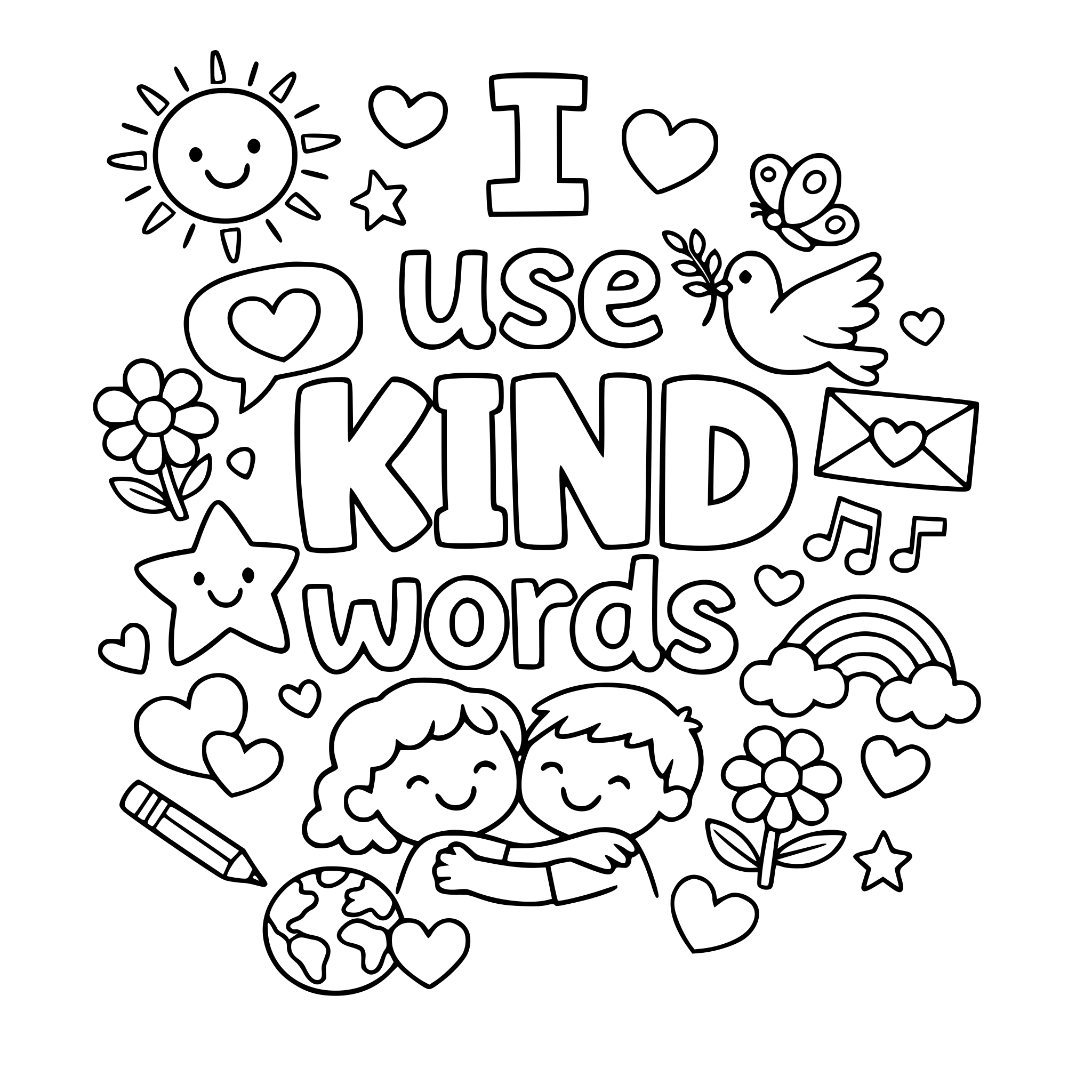"I use kind words" coloring letters with items around the letters that work with the lettering.