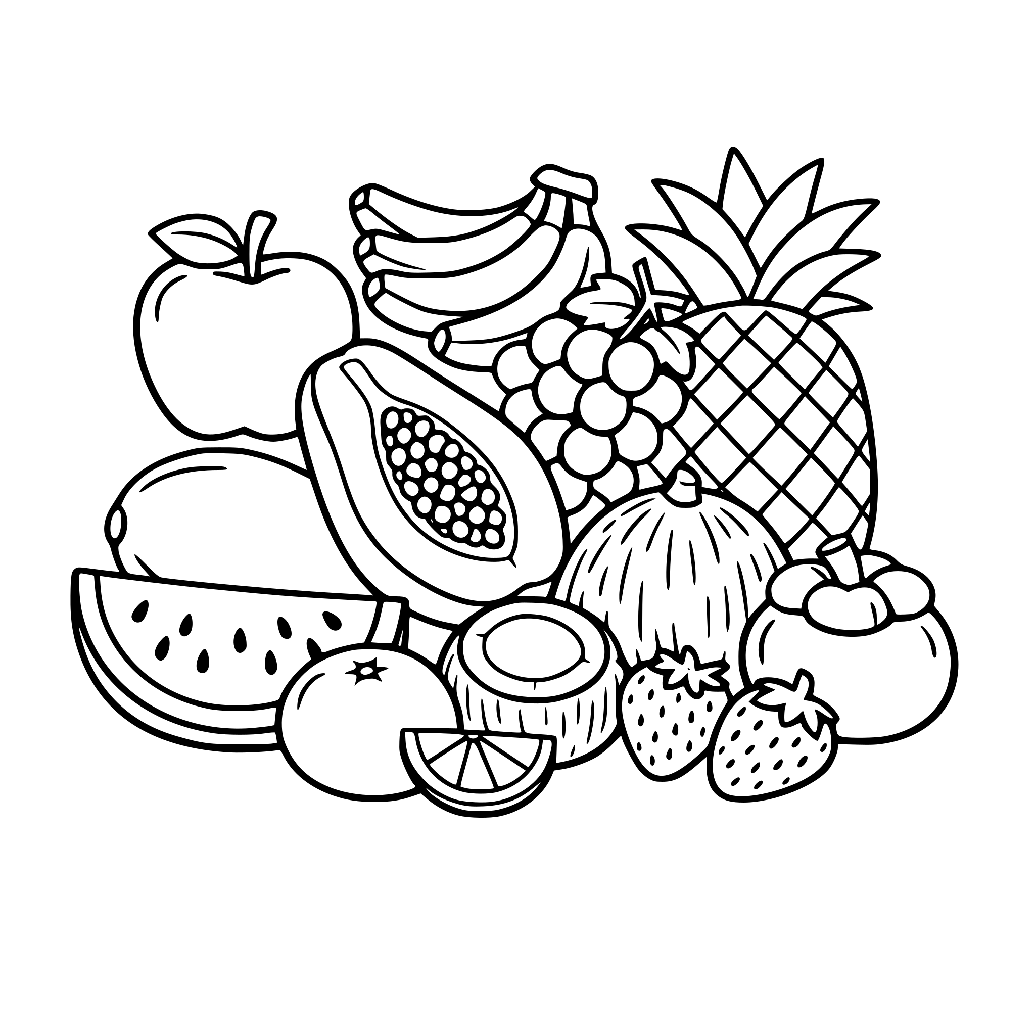 แอปเปิ้ล กล้วย องุ่น มะละกอ สัปปะรด แตงโม ส้ม มะพร้าว สตรอเบอรี่ มังคุด