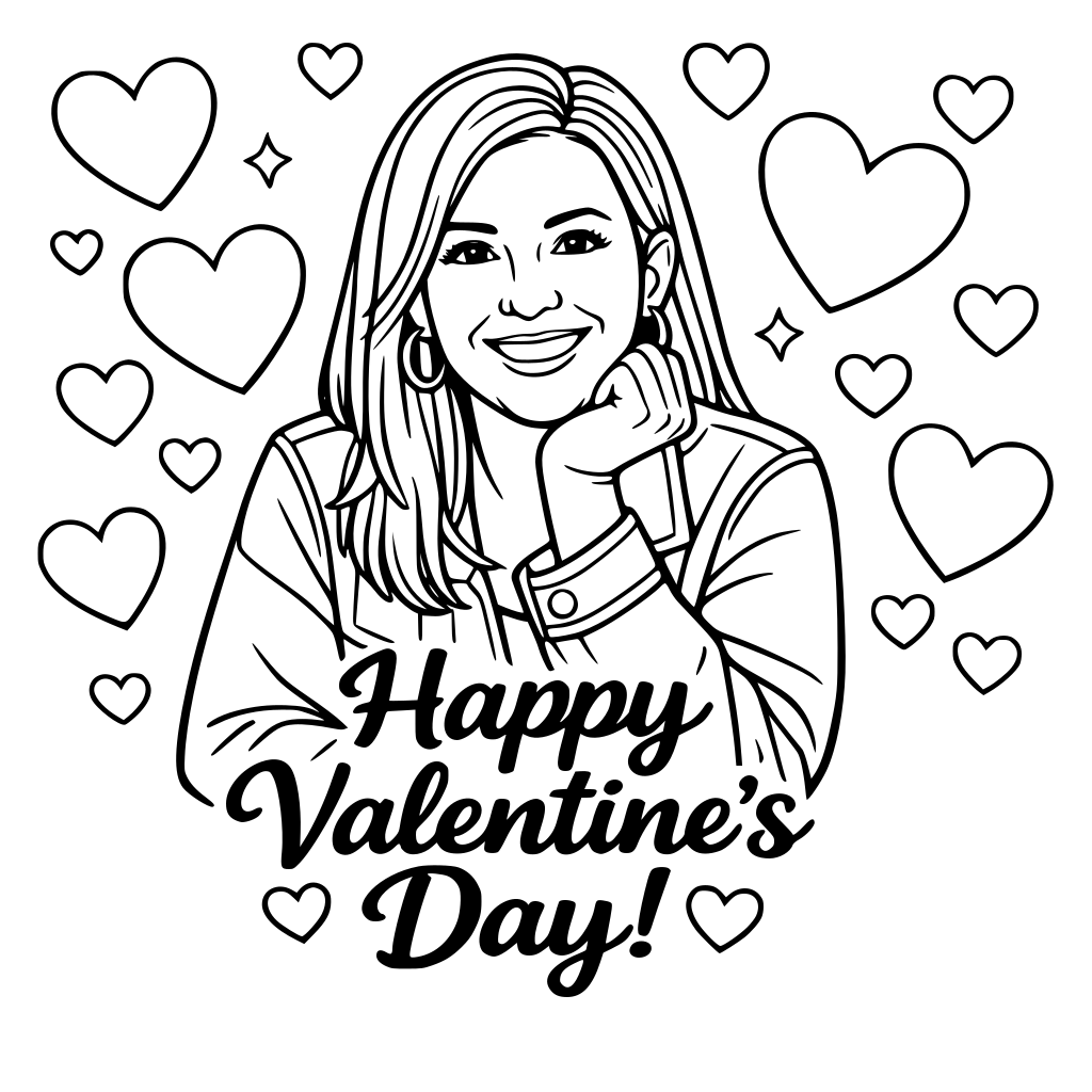 happy valentines day at the bottom with hearts in the background turn the picture provided black and white and make sure it looks like the person