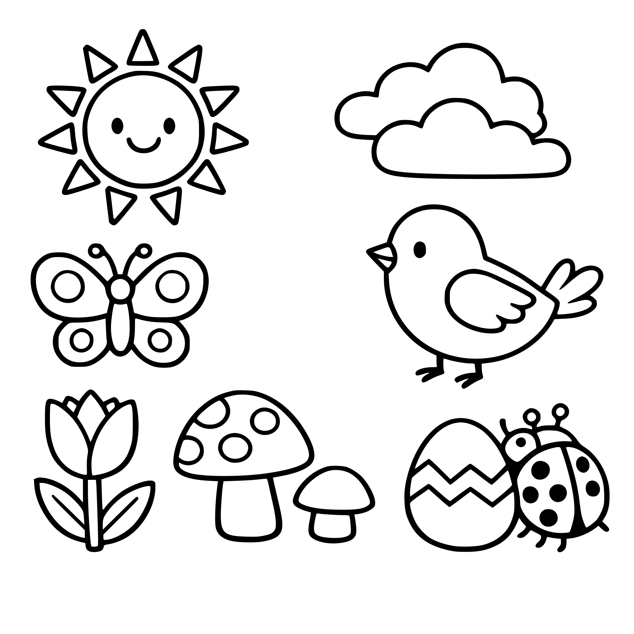 Verschiedene süße Frühlingsmotive die Realistisch, aber vereinfacht und mit wenigen details sind, damit sie gut zum Ausmalen und Ausschneiden für Kinder sind.