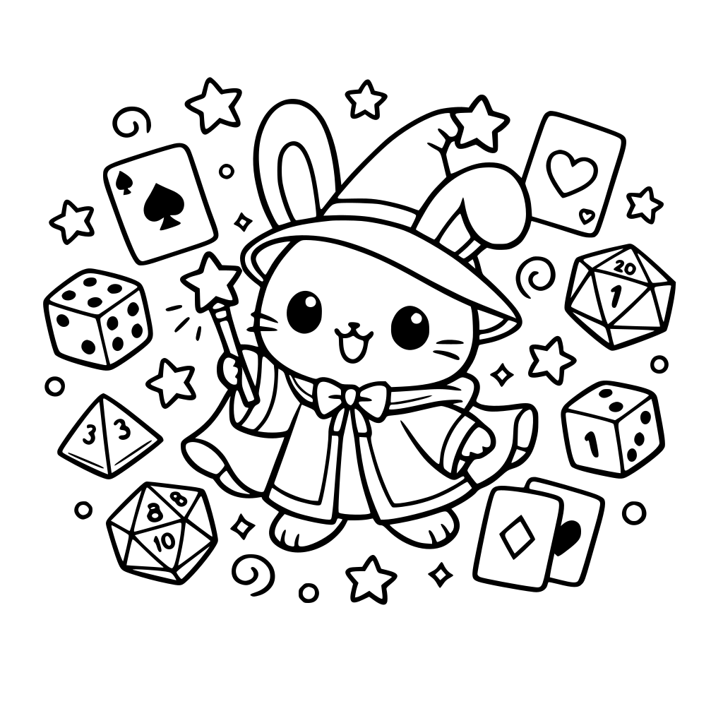 cartoon and kawaii art style of Bunny in magician robe surrounded by dice and cards — floating shapes, playful layout.