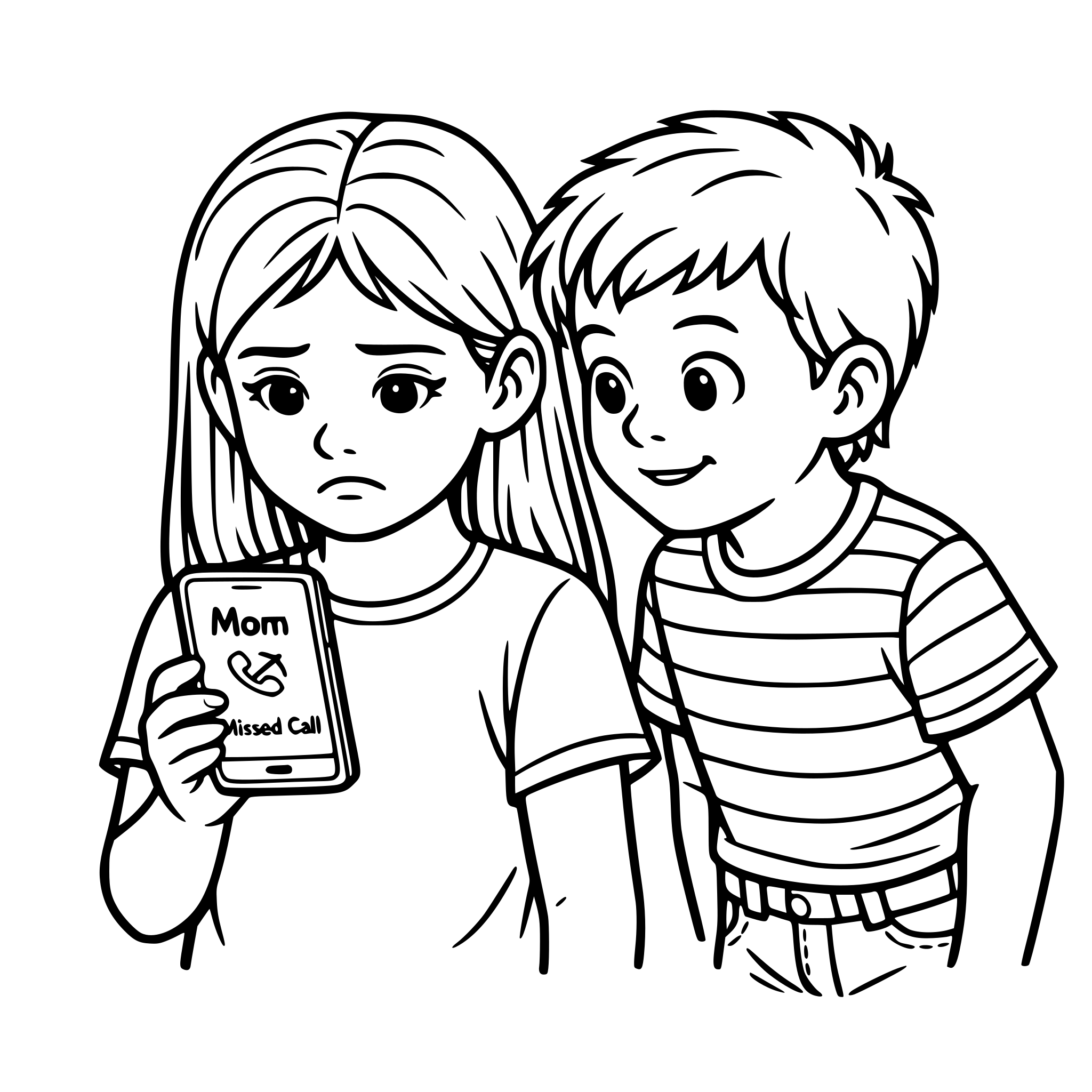 Create an image of a young realistic looking girl looking at her cell phone showing a missed call from her mom's number. A young real boy with a striped short sleeve shirt and jeans is looking at her phone, too. White background, isolated.