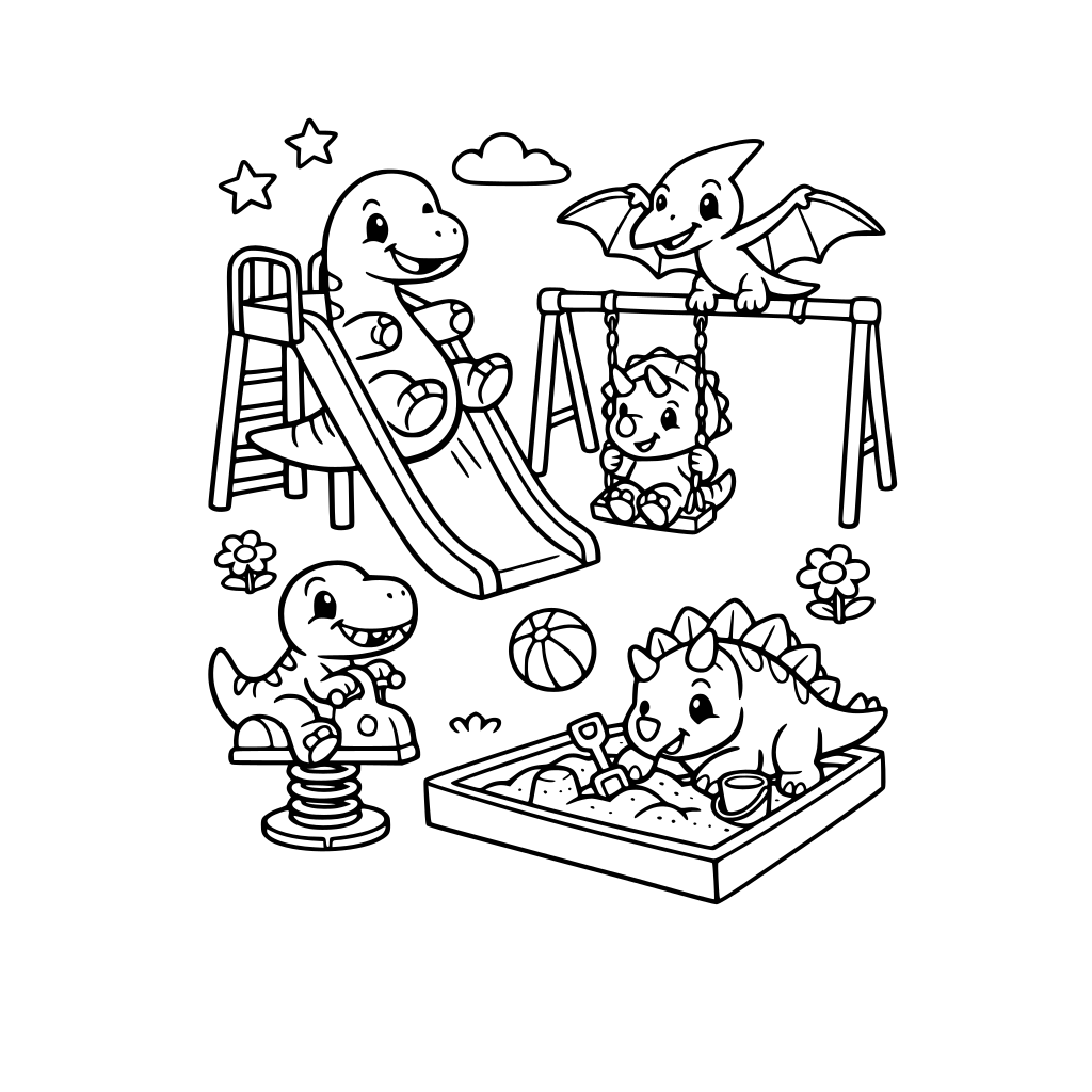 cute dinosaurs playing at a playground