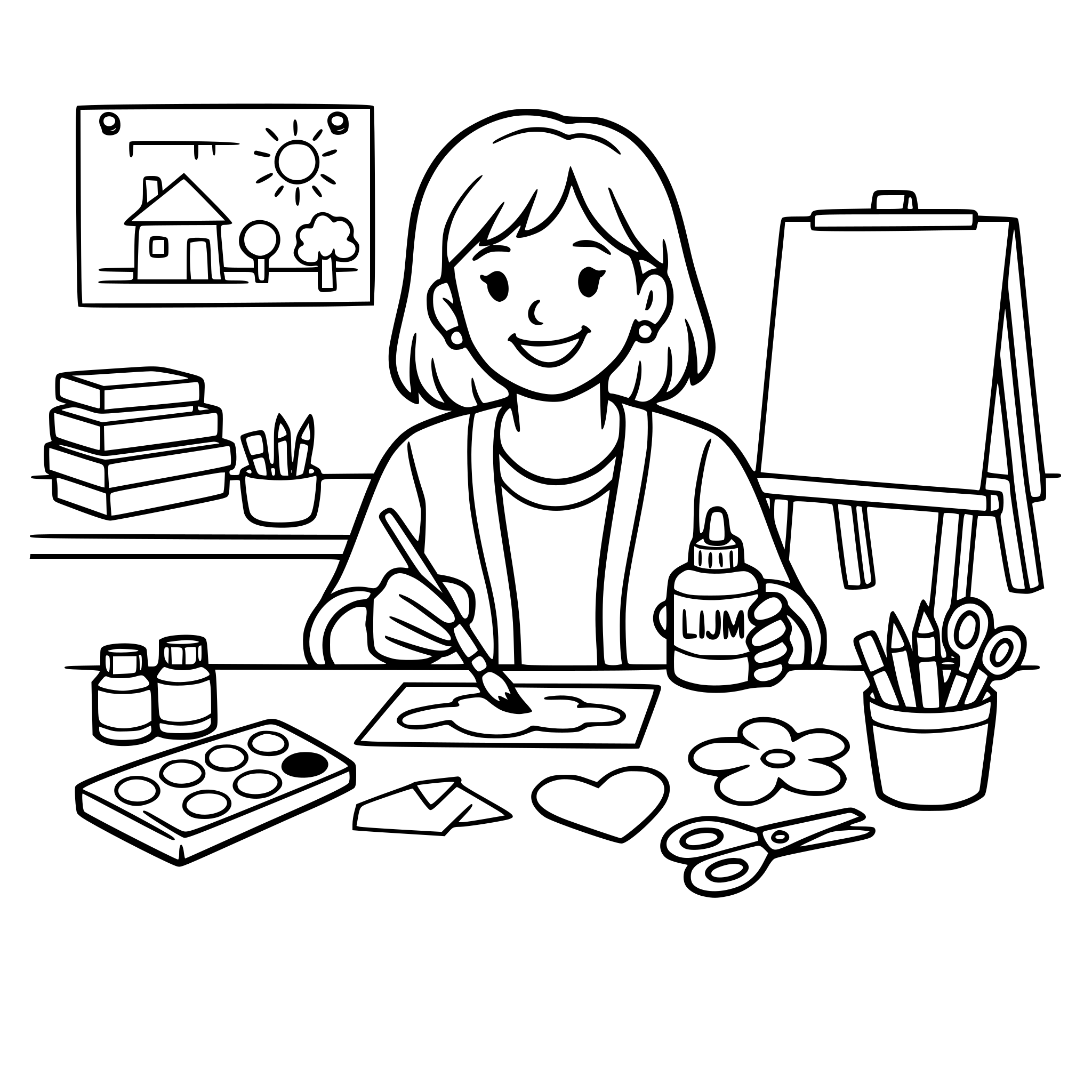 Een juf die knutselt in haar klas, met verf, lijm, scharen,