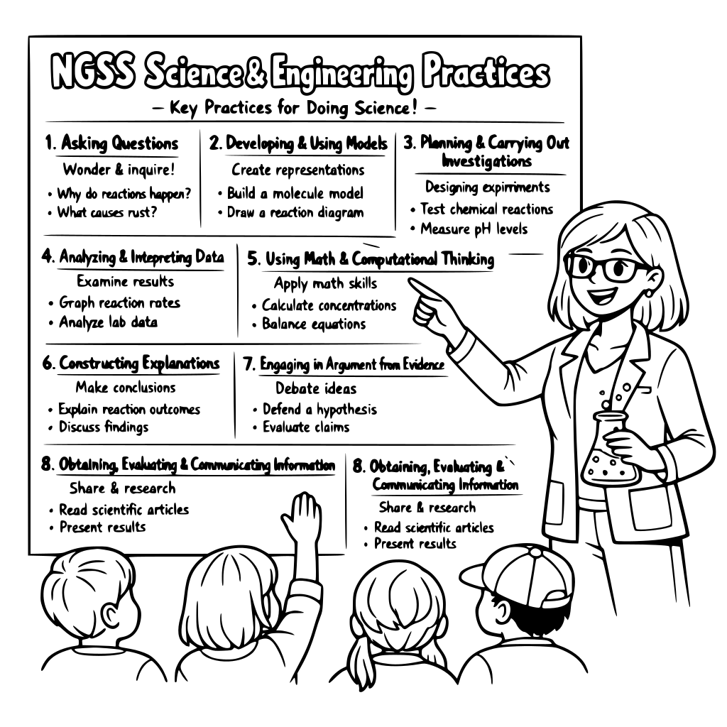 A female chemistry teacher explains the NGSS Science and Engineering Practices to her students. She includes the title, a brief explanation, and two chemistry-related examples for each practice. The students love it!