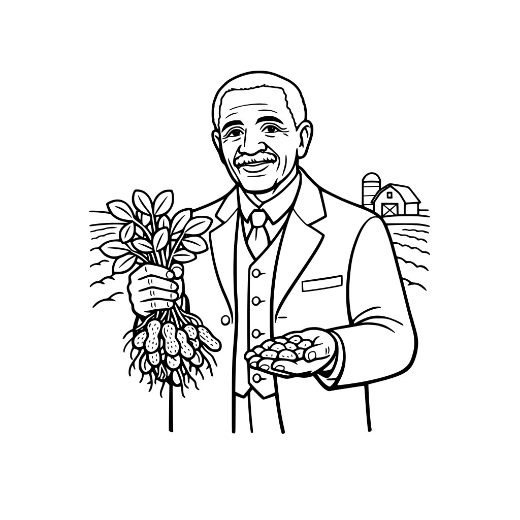George Washington Carver holding plants and peanuts, gentle thoughtful expression, simple early 1900s suit, minimal farm field outline in background, mid-body framing.