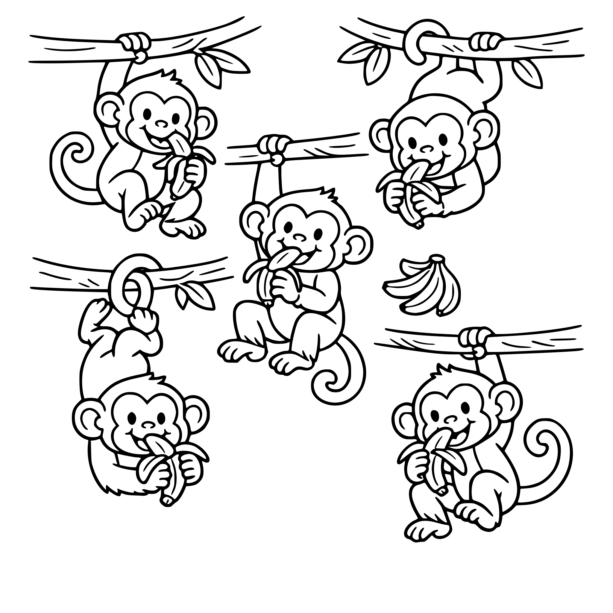 원숭이 5마리가 나무에 매달려 바나나를 먹고 있는 모습