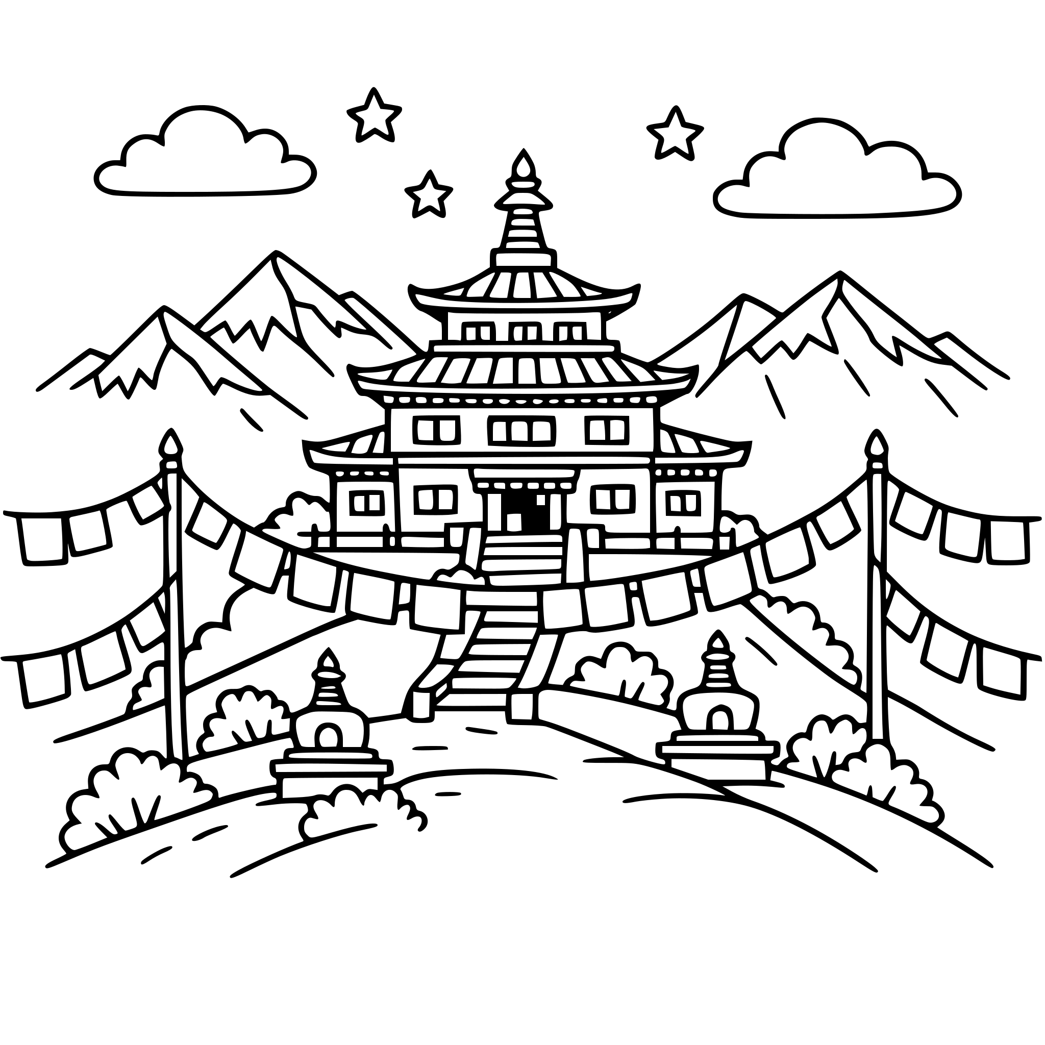 Cute cozy simple Sikkim Buddhist monastery on hill with prayer flags and mountains.