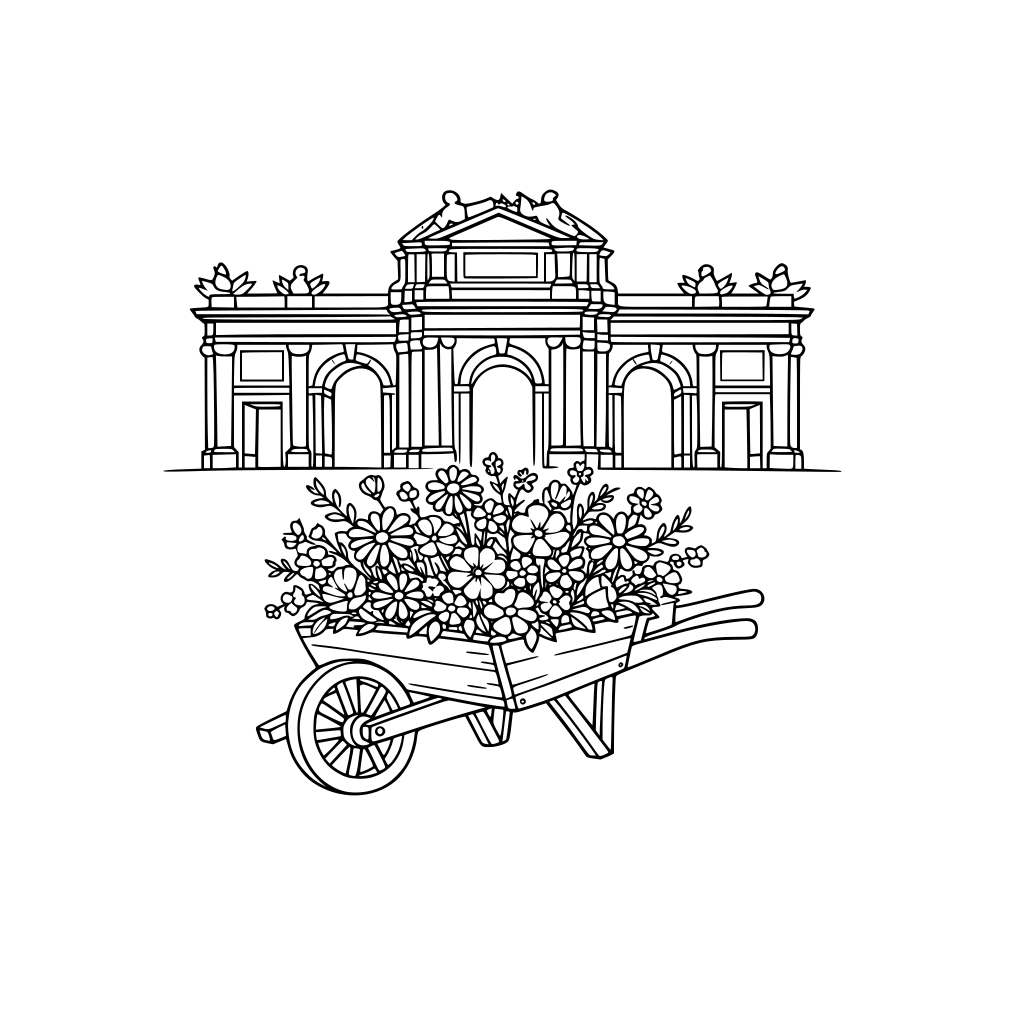 por favor dibuja una carretilla llena de flores silvestres debajo de la puerta de alcalá de madrid