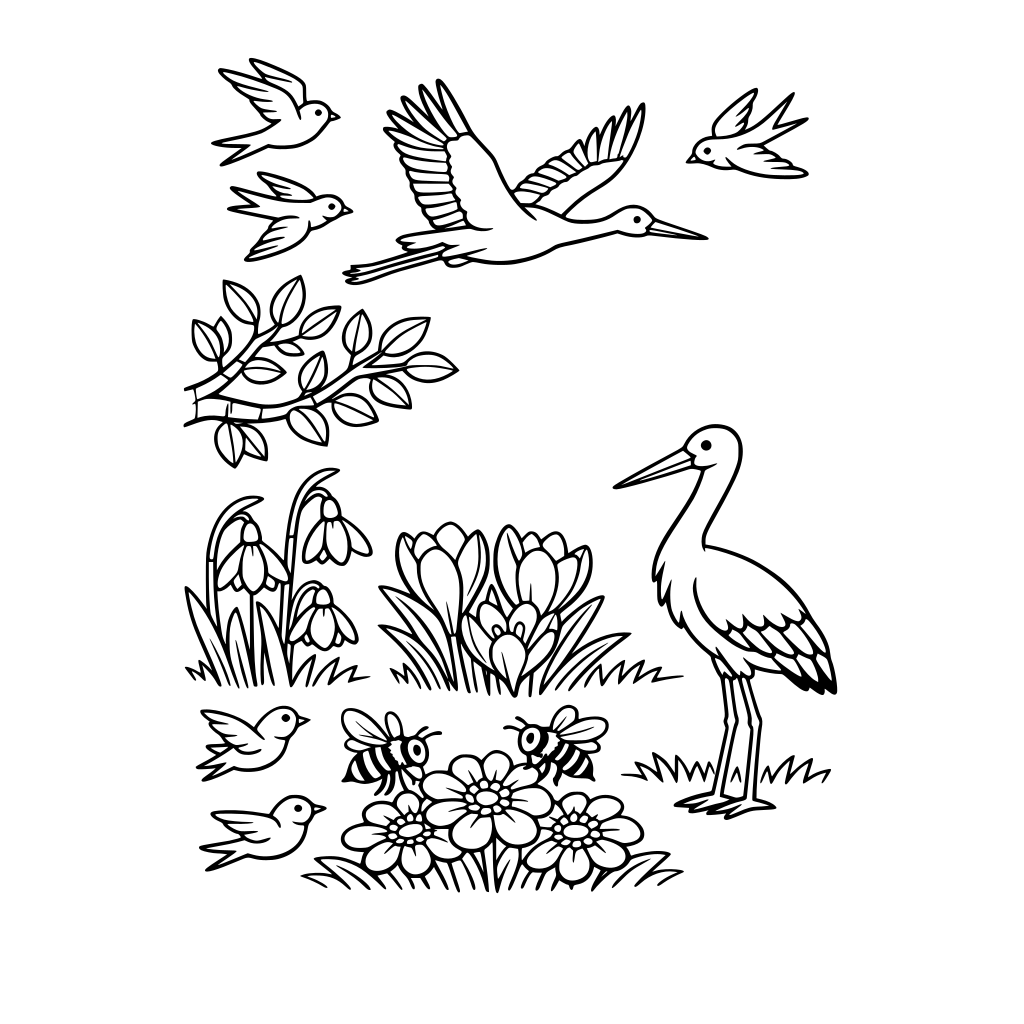 OZNAKI WIOSNY, PRZEBIŚNIEGI, KROKUSY, JASKÓŁKI, BOCIAN, LISTKI NA DRZEWACH, PTAKI LATAJĄCE, PSZCZOŁY NA KWIATACH