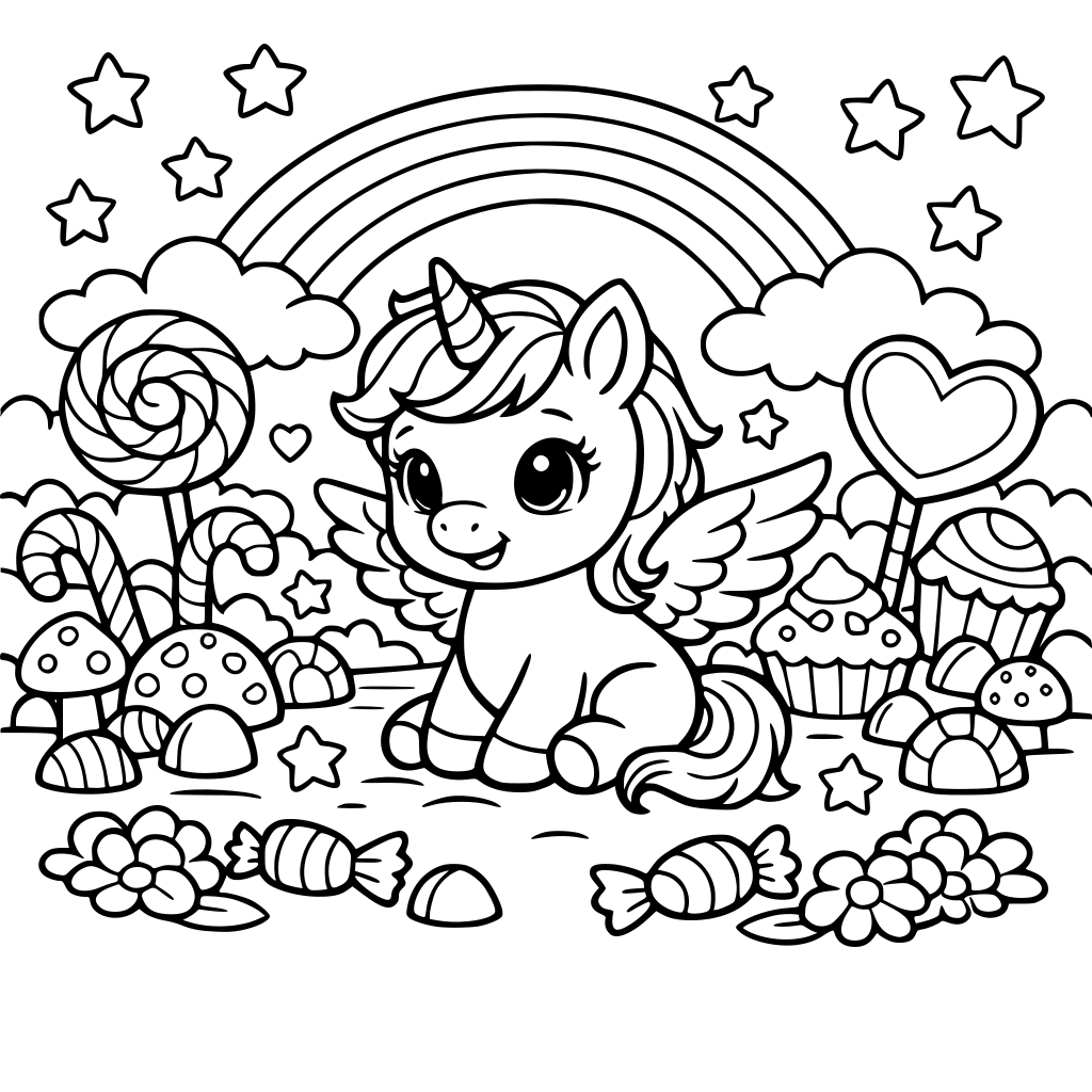 Create a black-and-white colorin page of a baby unicorn with wings surrounded by a magical jungle filled with candy and rainbows inthe background. Ensure the design is detailed but suitable for children to color