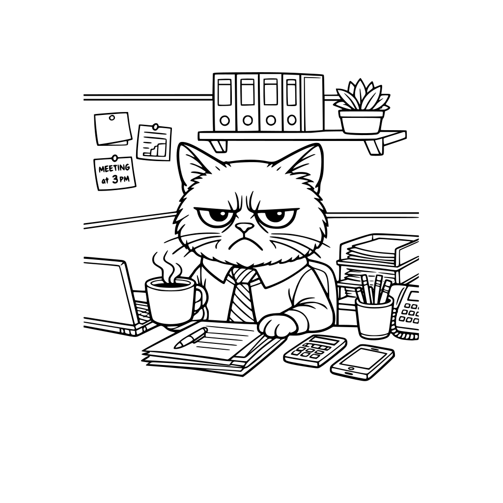 A grumpy cat working a corporate job in a cubicle