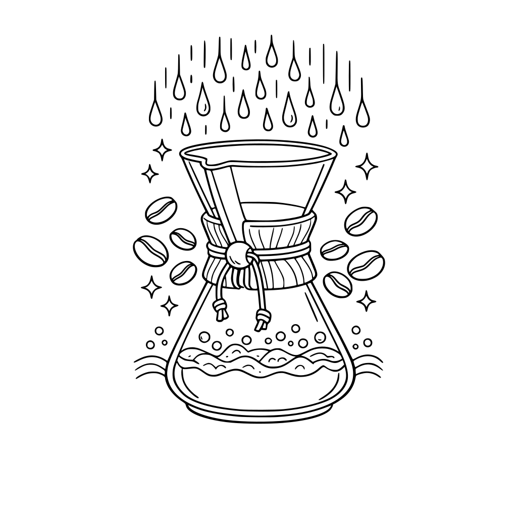 Clean, organic lines. The iconic glass hourglass Chemex is the central subject, featuring intricate line work detailing the wood collar and tie. The background consists of abstract, cascading water droplets and stylized coffee bean shapes, suggesting the 'blooming' process.