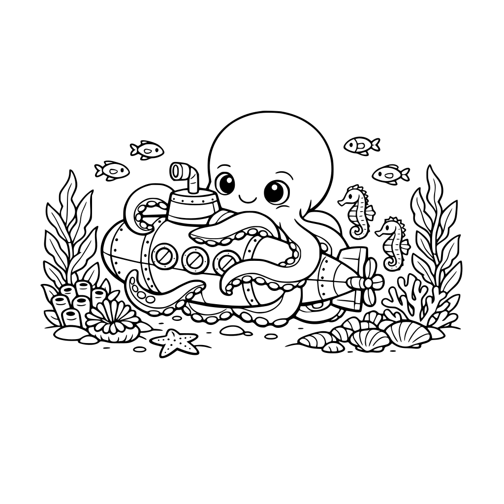 A giant octopus hugging a submarine. Small fish and seahorses are looking on among the kelp and sea coral on the ocean floor