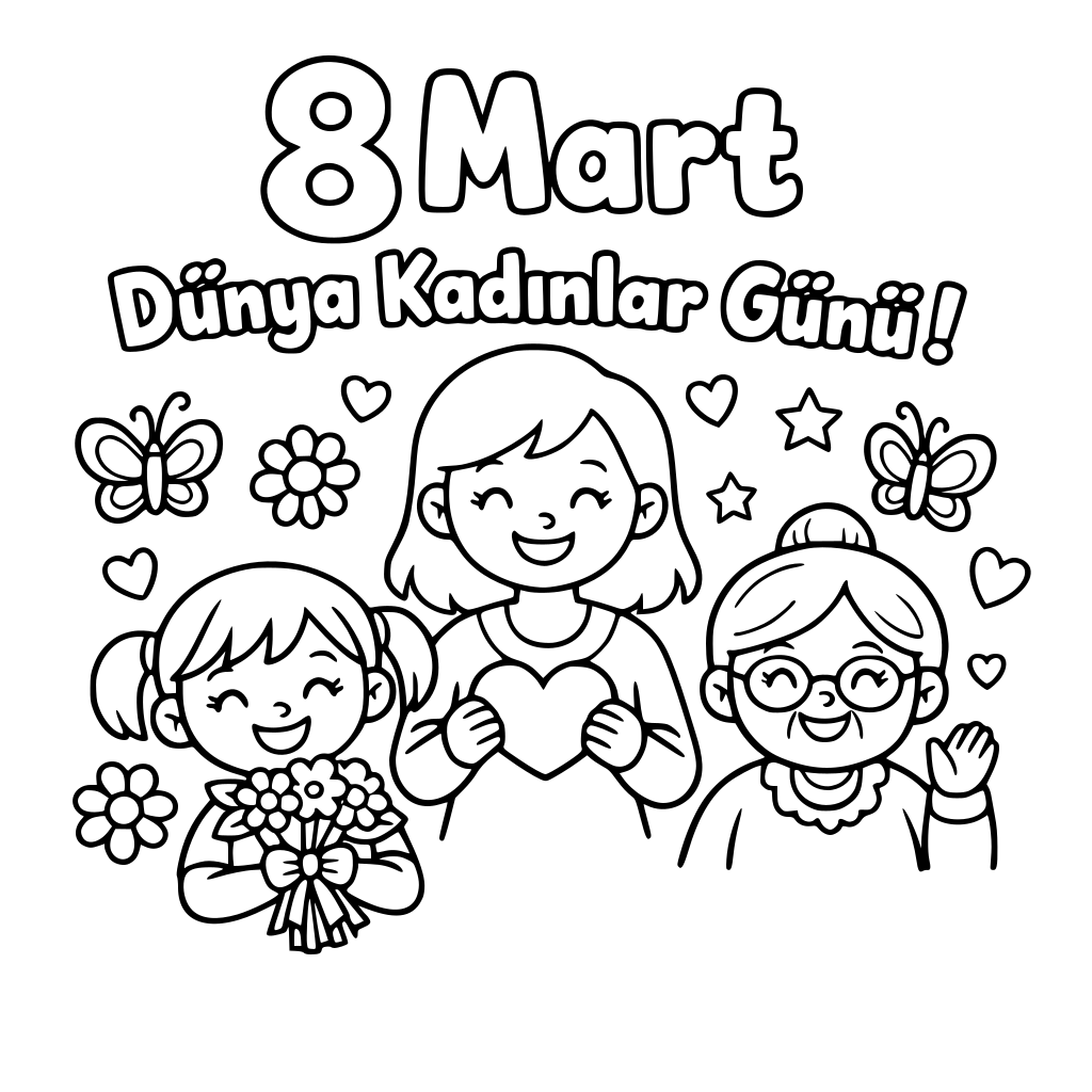 8 mart Dünya kadınlar günü ile ilgili İlkokul düzeyinde sevimli, ilgi çekici bir boyama sayfası oluştur