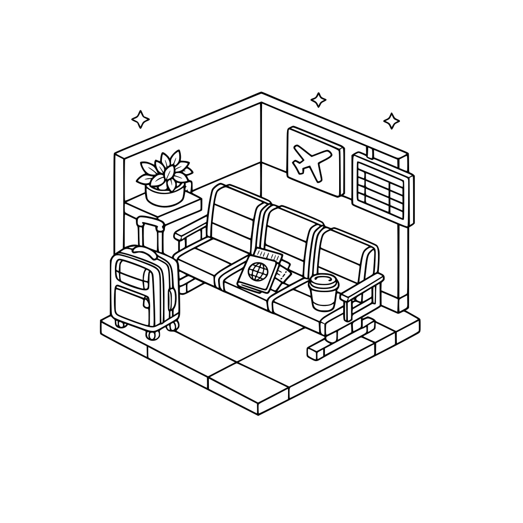 hygge style, cute and cozy, 3D isometric corner, airport waiting area with structured seating, rolling suitcase upright, passport and boarding pass on chair, coffee cup,