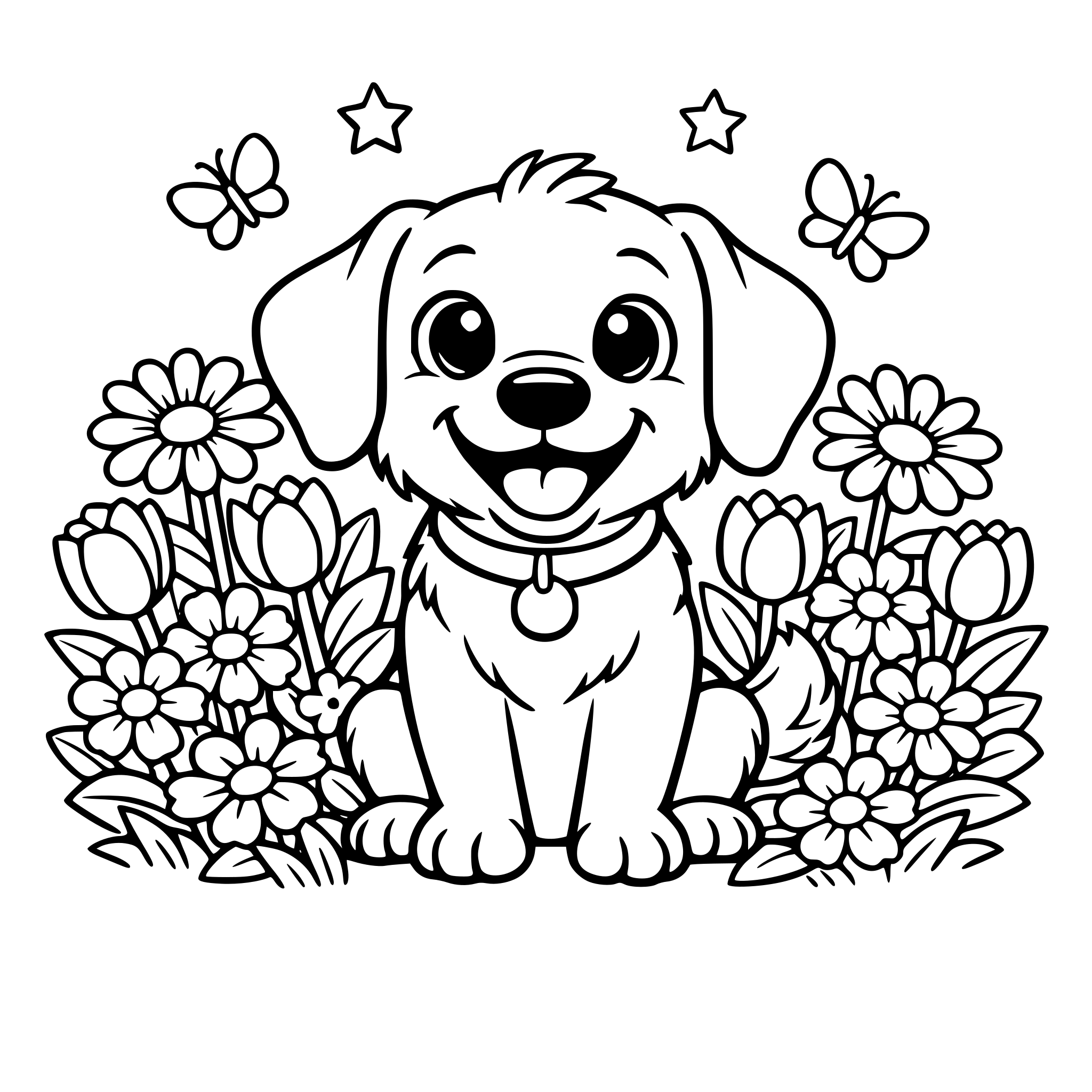 create an image of a friendly dog with big eyes and smile sitting amongst flowers