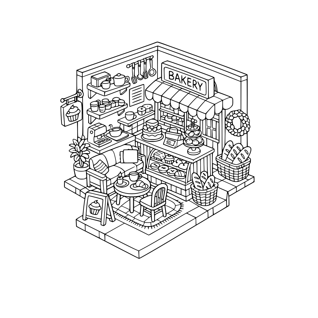 cute and cozy, hygge style, 3d isometric, corner bakery