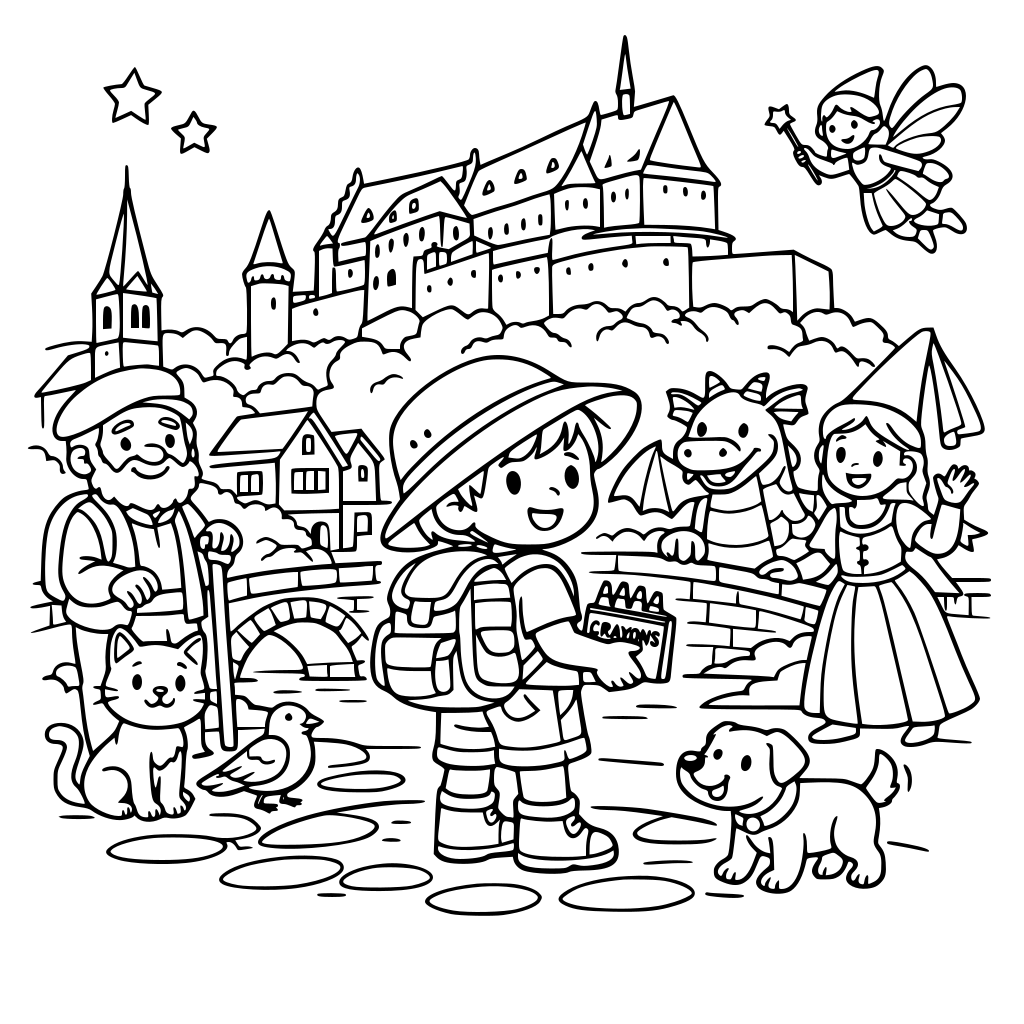 A curious little explorer arrives in the fairytale town of Vianden, nestled beneath the grand walls of Vianden Castle. With a box of crayons in hand, the child sets off on a magical journey to discover the town, meeting its people, animals, and legends along the way.