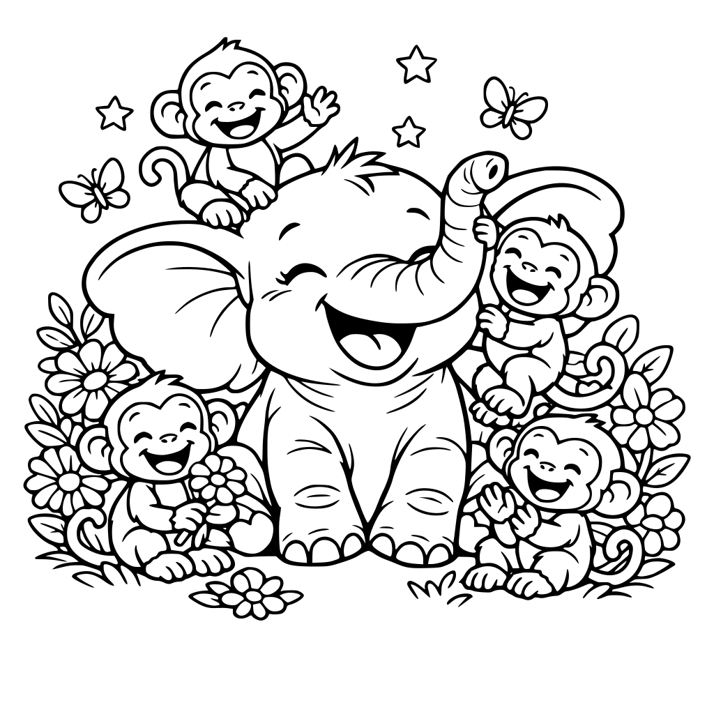 A little baby elephant, happy and laughing, surrounded by a garden of flowers and cheerful little monkeys around it." If you need anything else, feel free to ask!