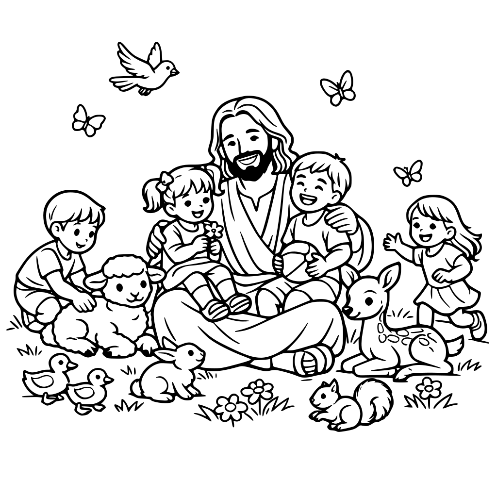 jesus with children outside in nature with animals around enjoying the day playing