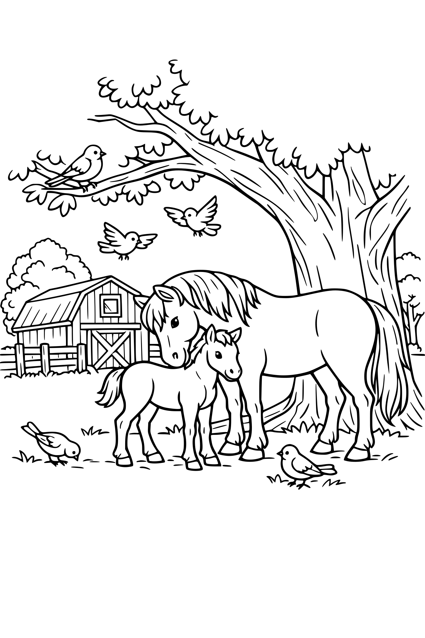 Baby foal next to its mother horse under a big tree with birds around with a barn, wooden fence, trees and grass around