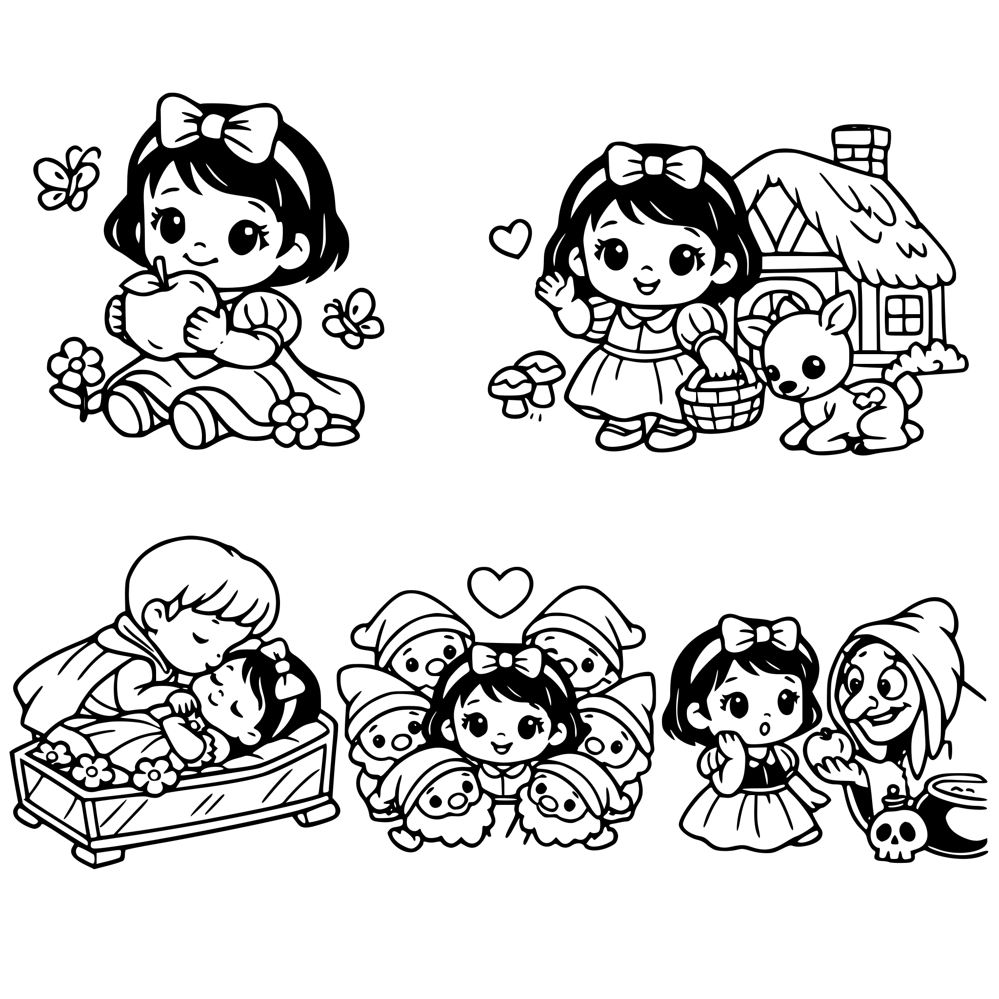 Crie 5 desenhos com tema de branca de neve baby, utilize elementos da Branca de neve baby