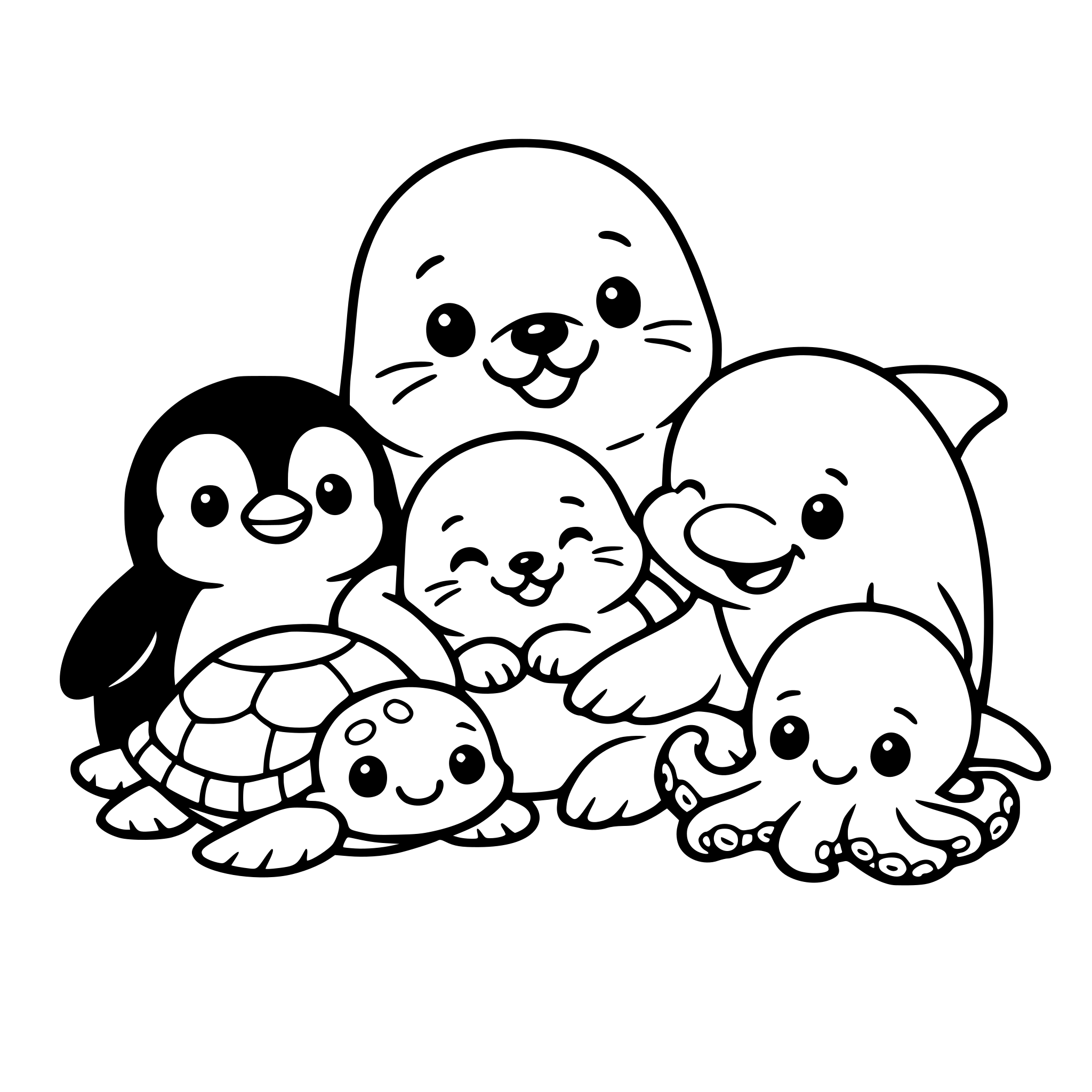 A group of cute sea animals sitting together like a cozy family