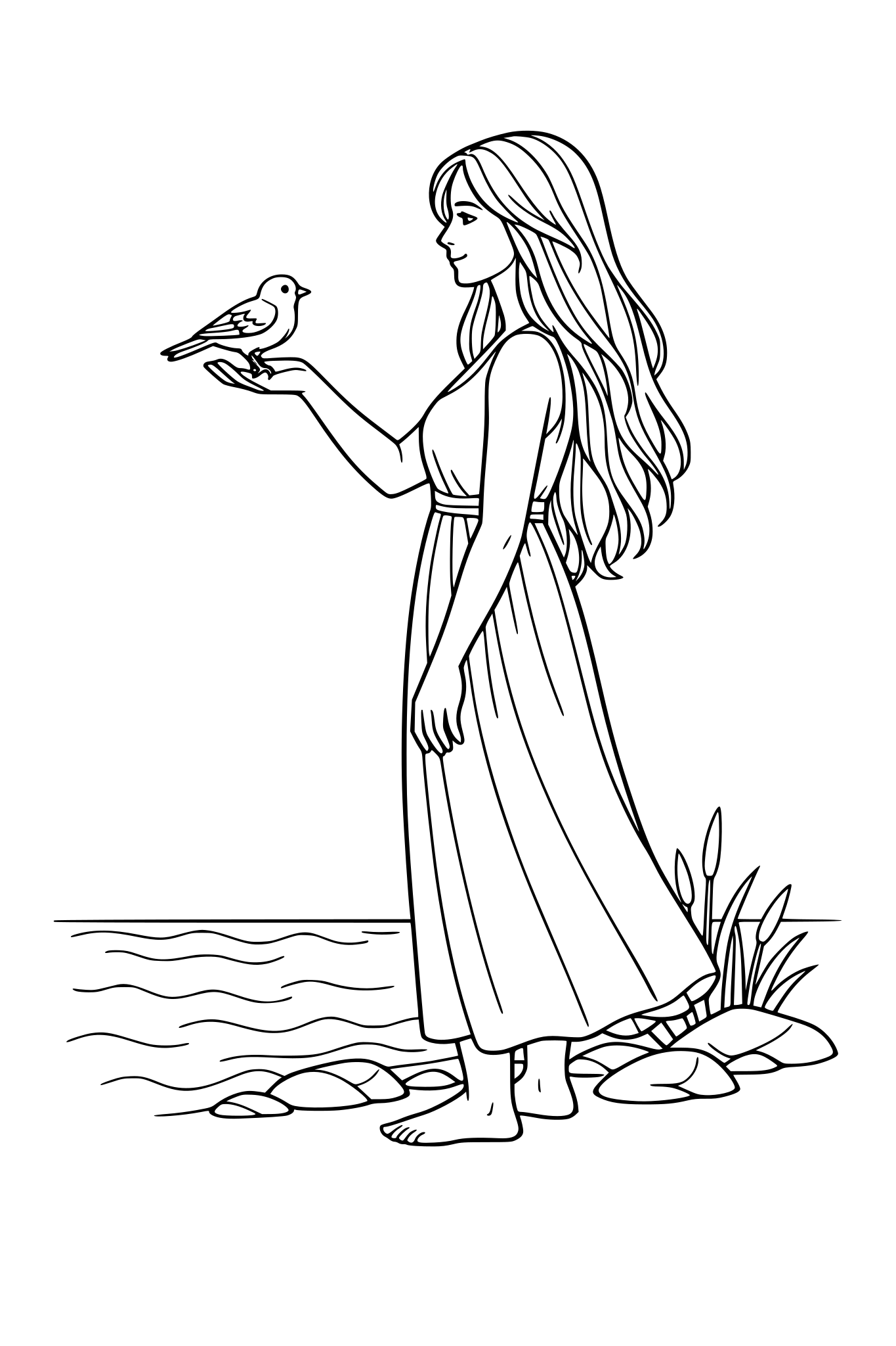 eine frau mit langen haaren, die am wasser steht. ein Vogel sitzt auf ihrer ausgestreckten hand